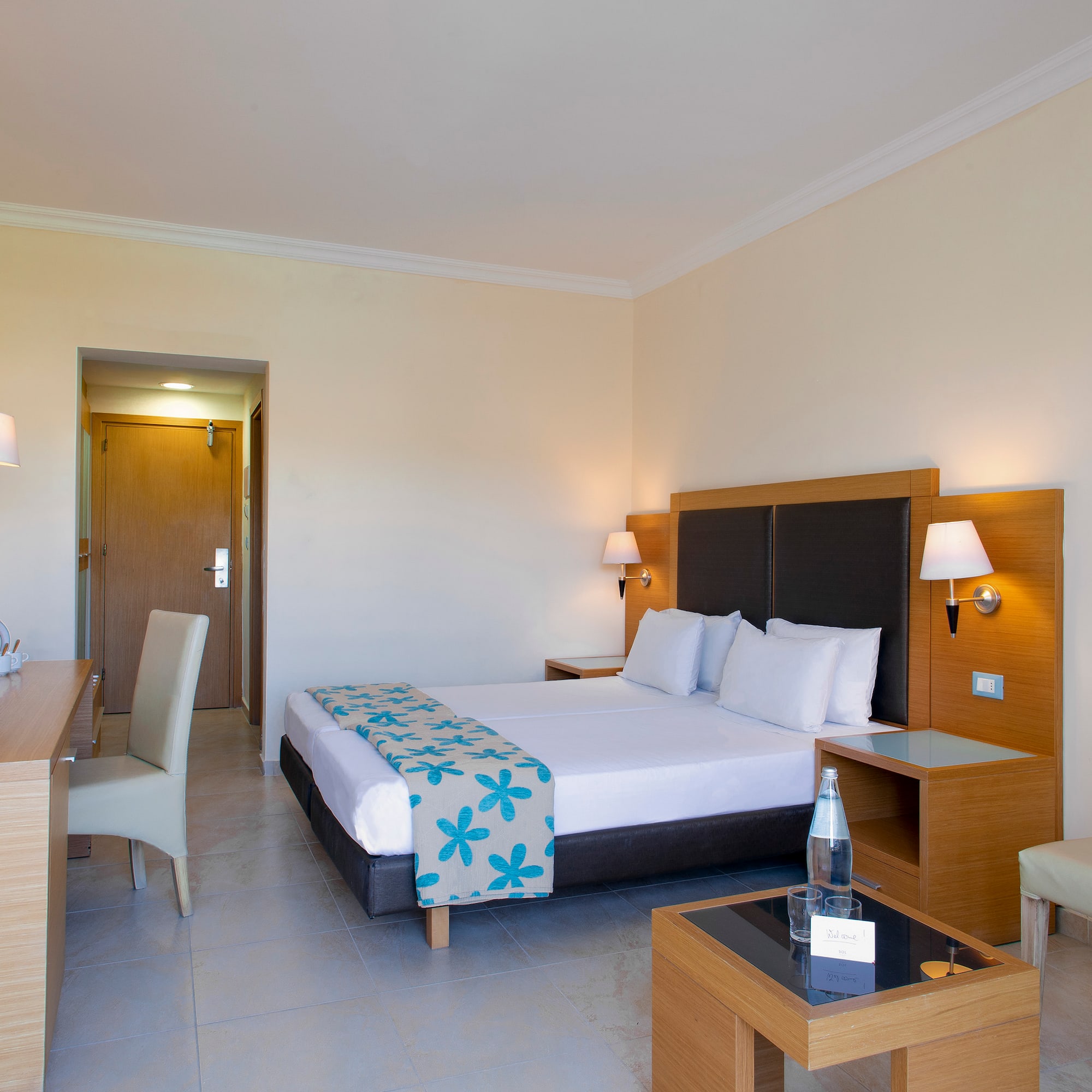 a room with a bed and a table