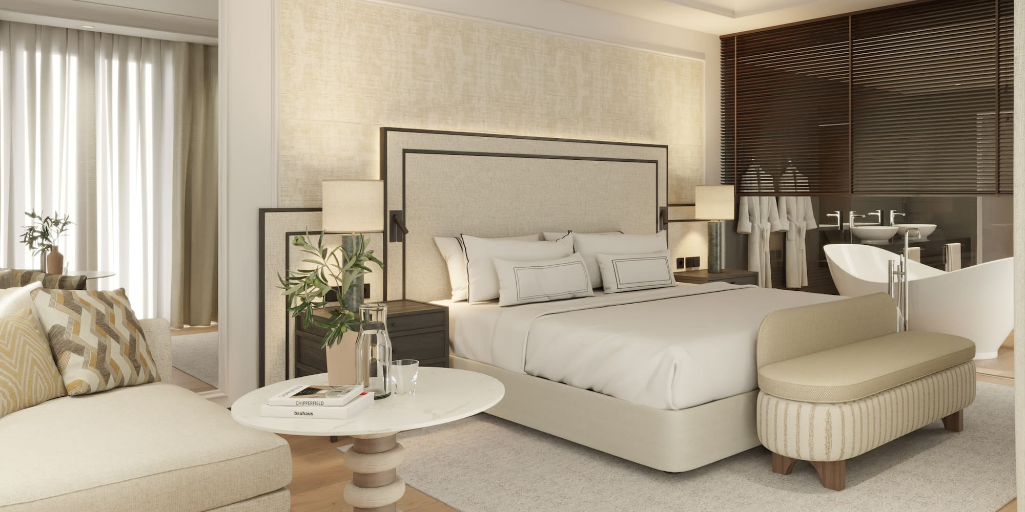 a bedroom with a bed and a table