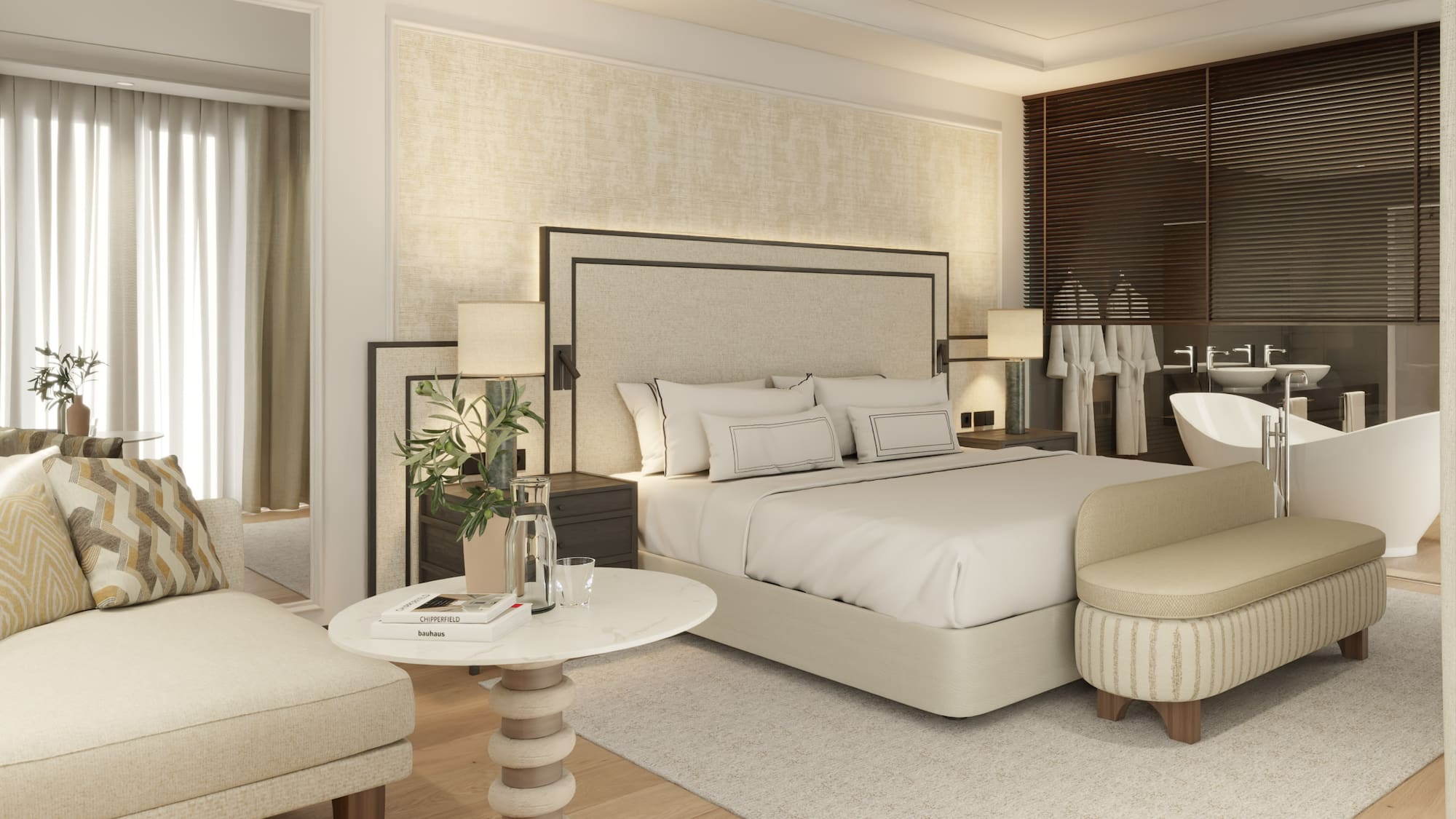 a bedroom with a bed and a table