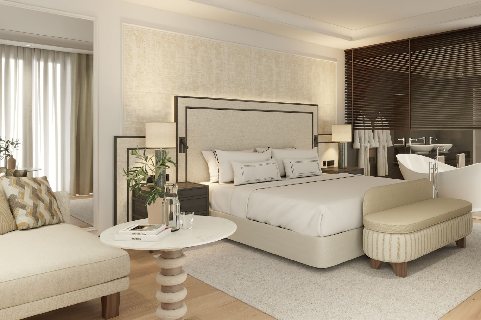 a bedroom with a bed and a table