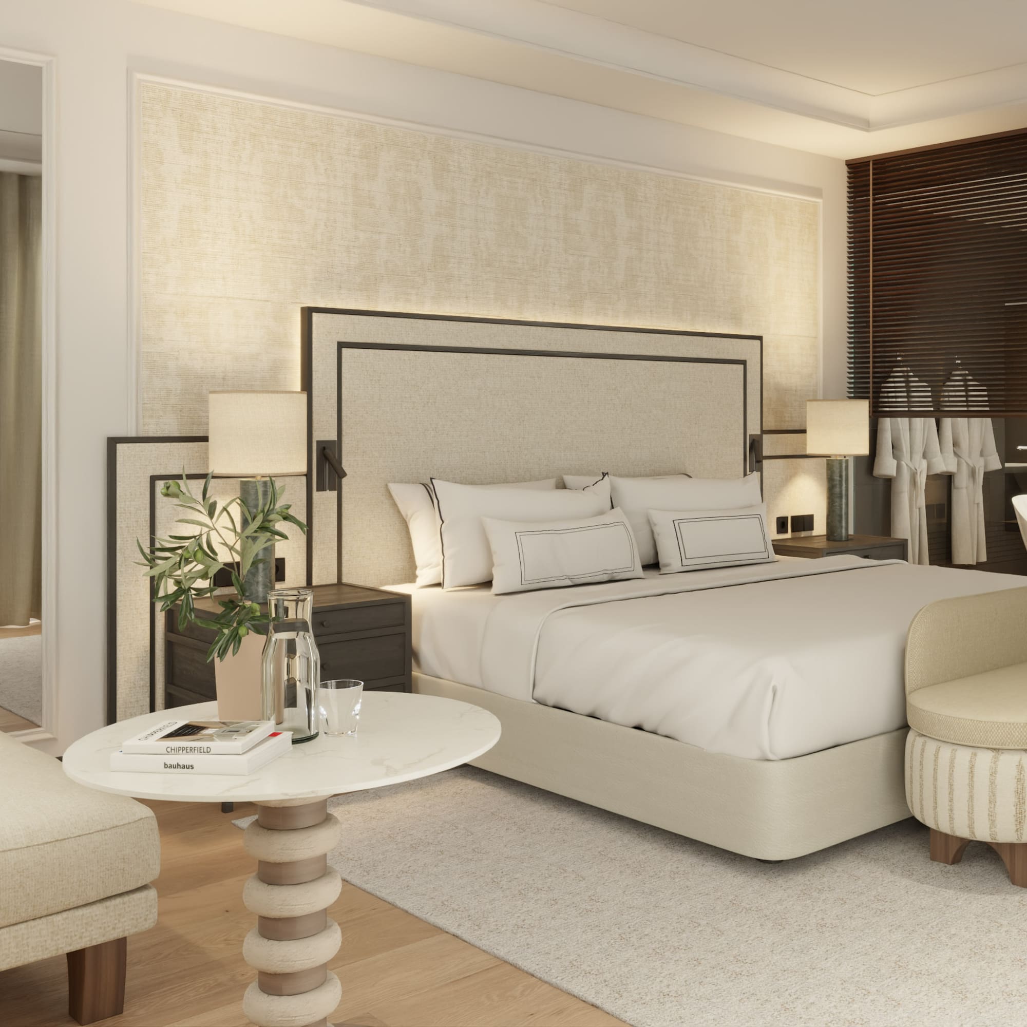 a bedroom with a bed and a table