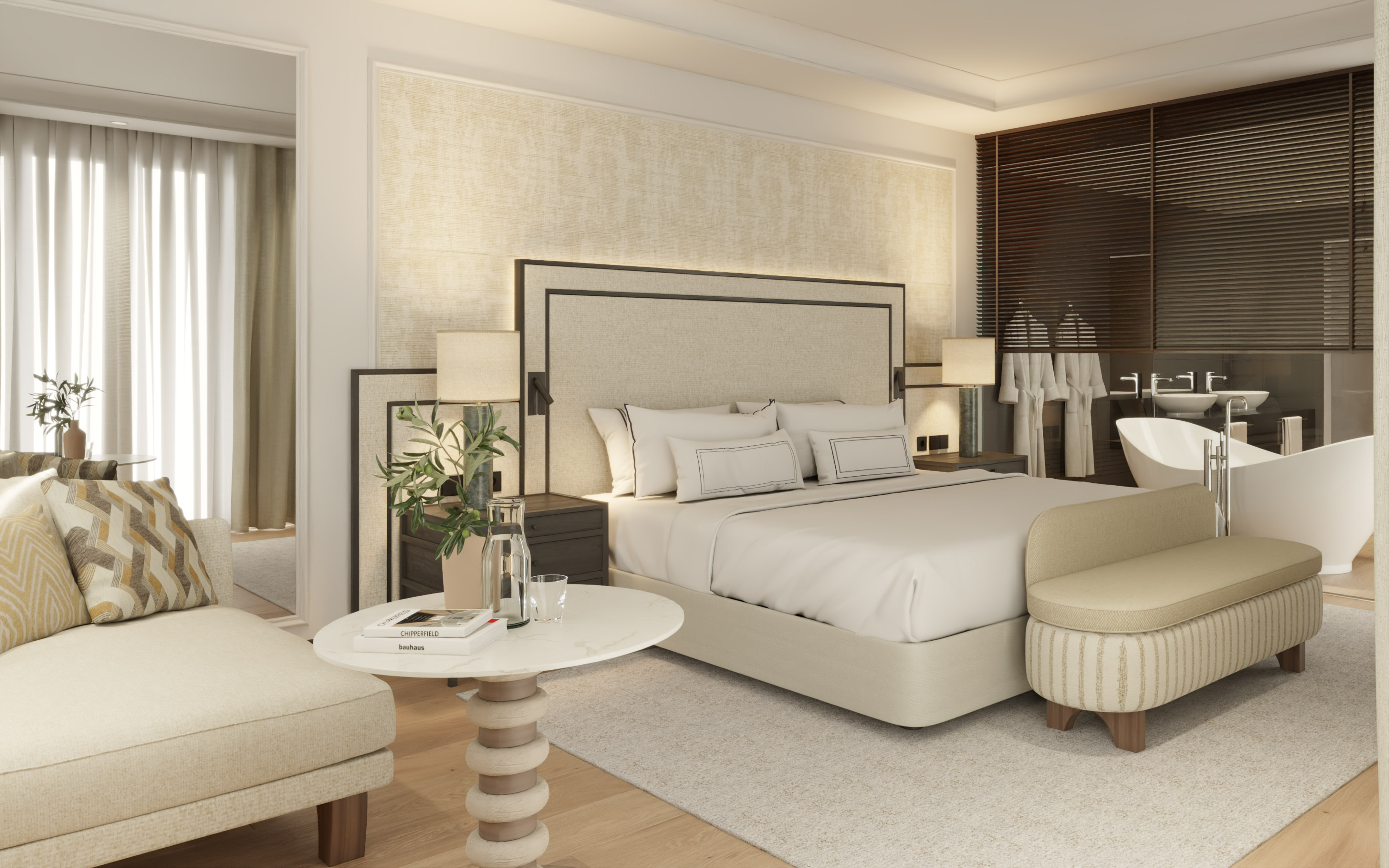 a bedroom with a bed and a table