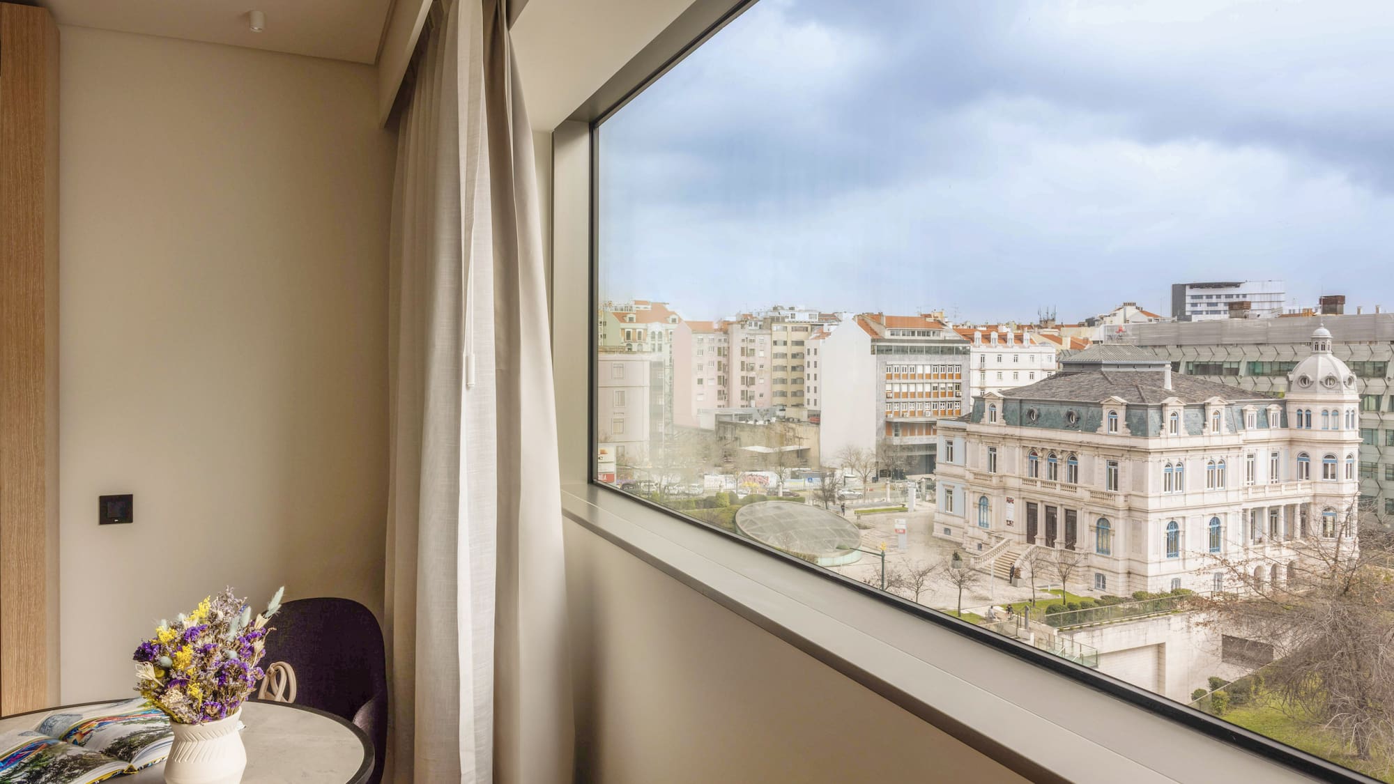 a window with a view of a city