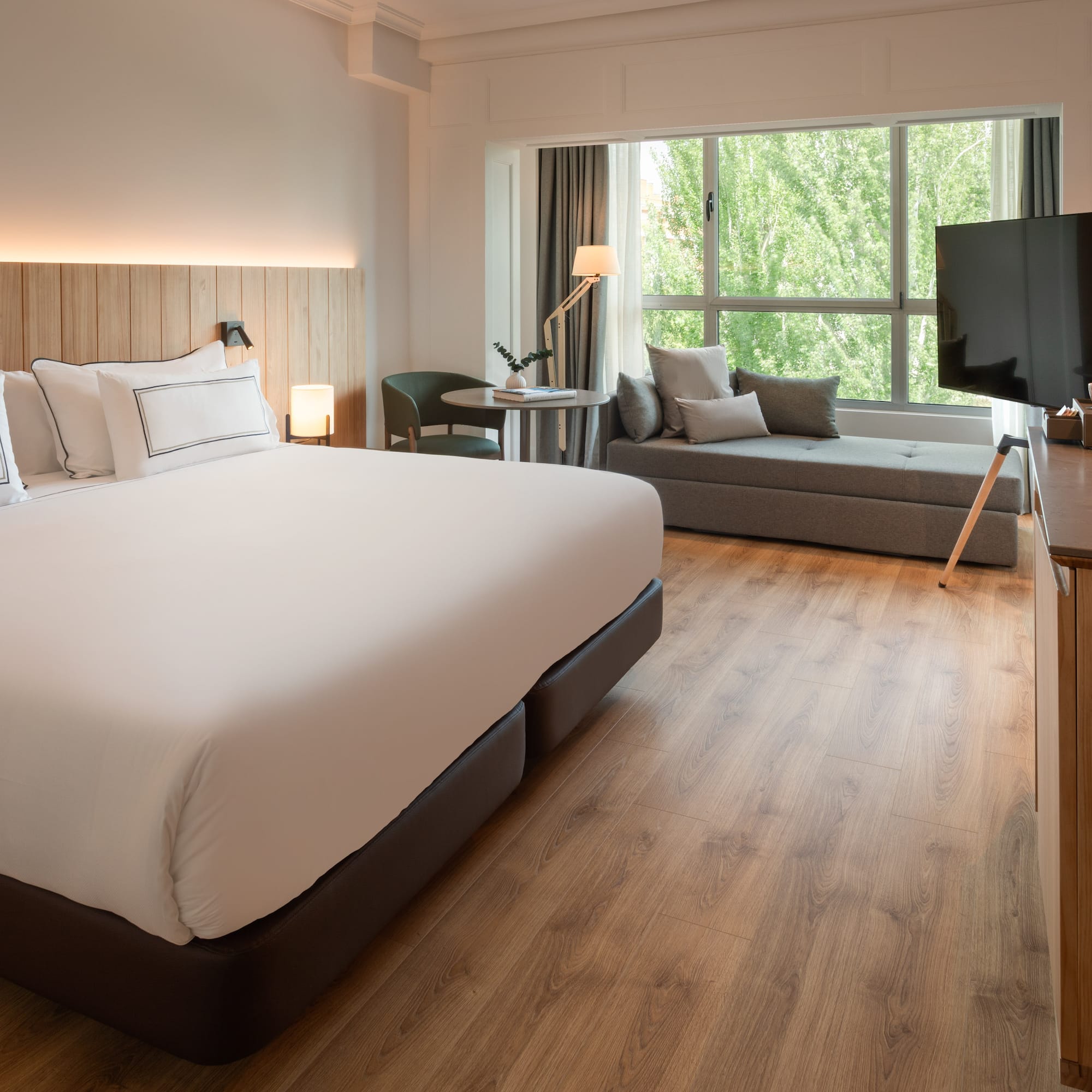 a room with a bed and a television