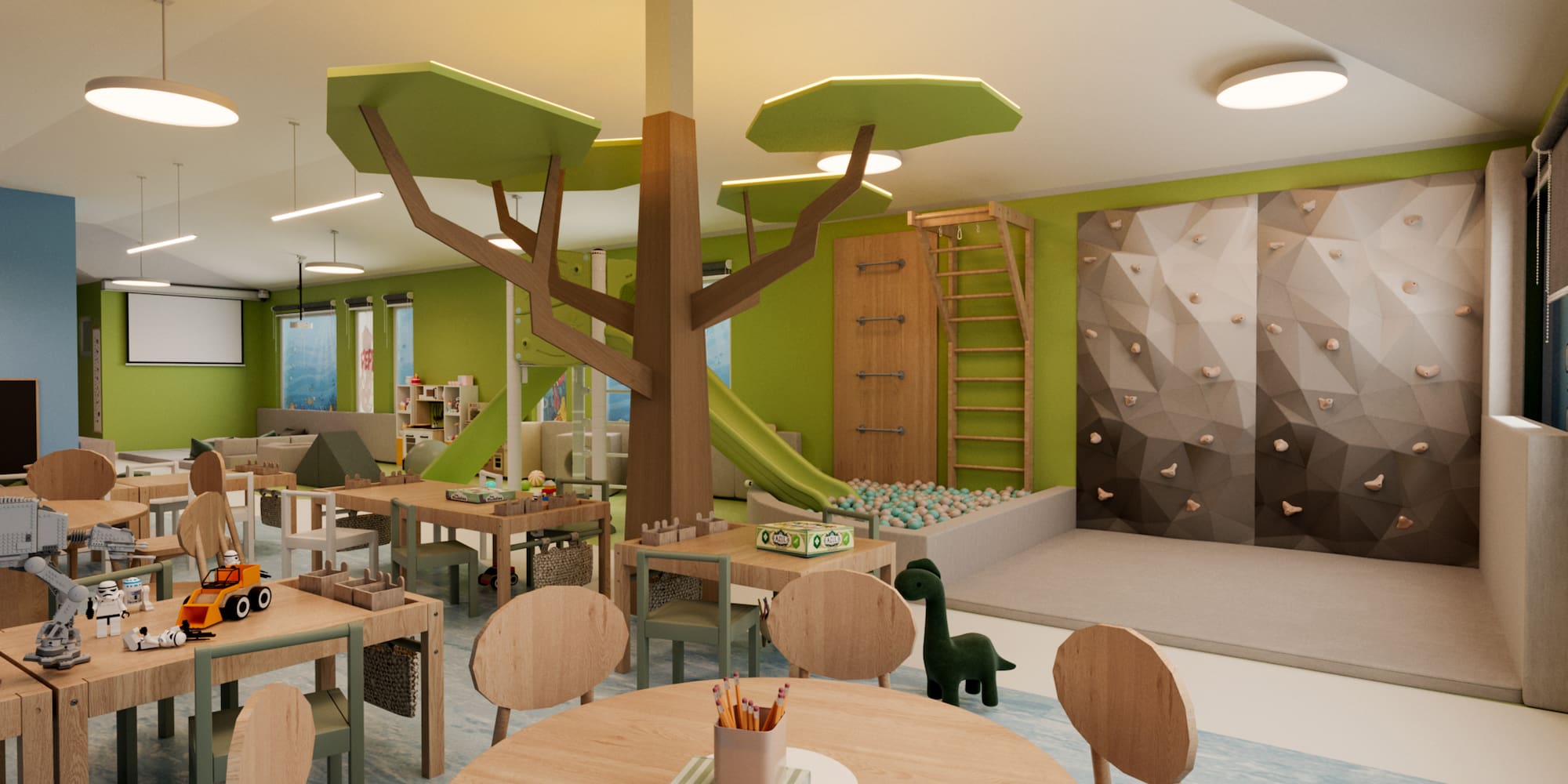 a room with a play area and a table and chairs