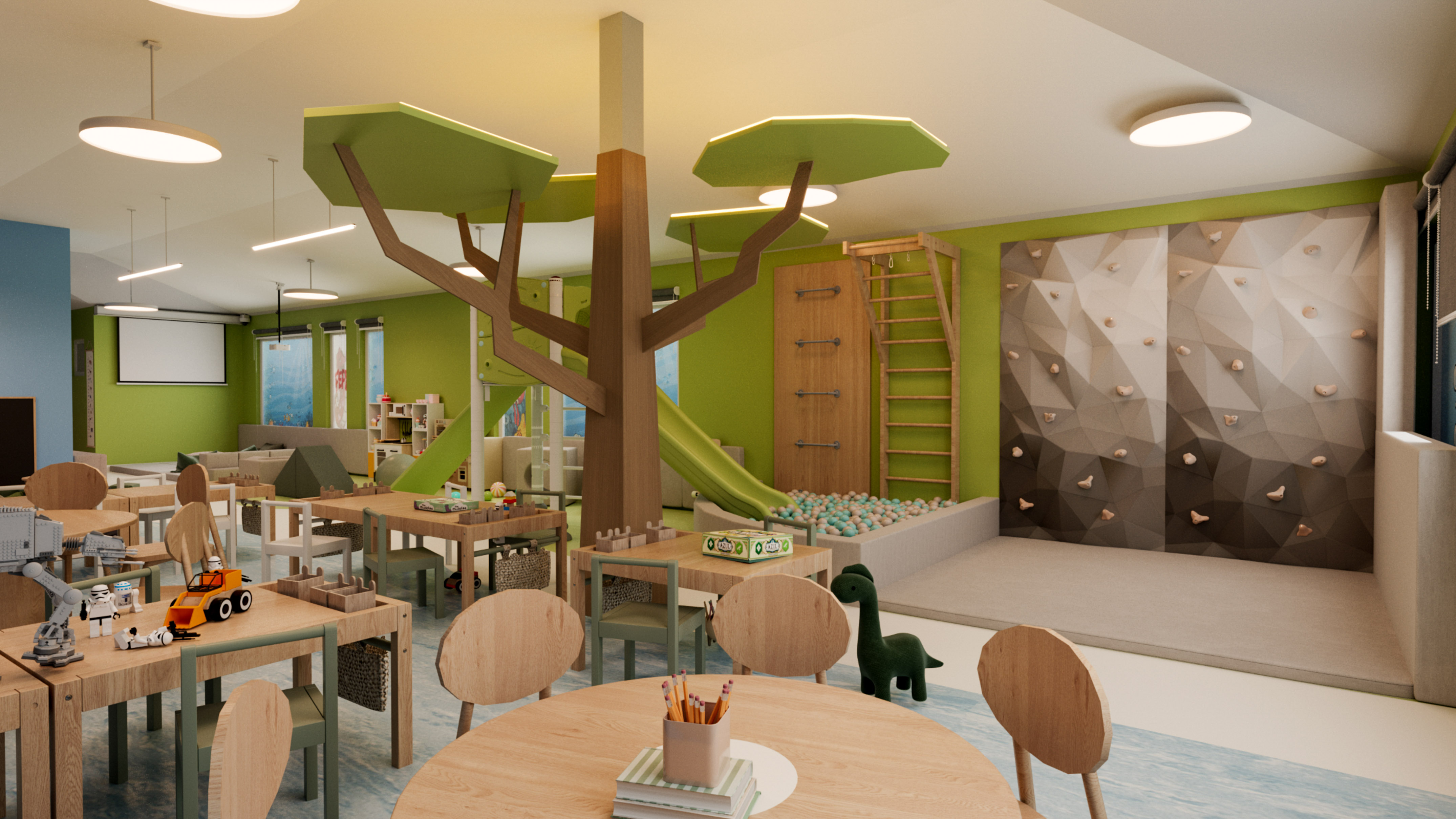 a room with a play area and a table and chairs