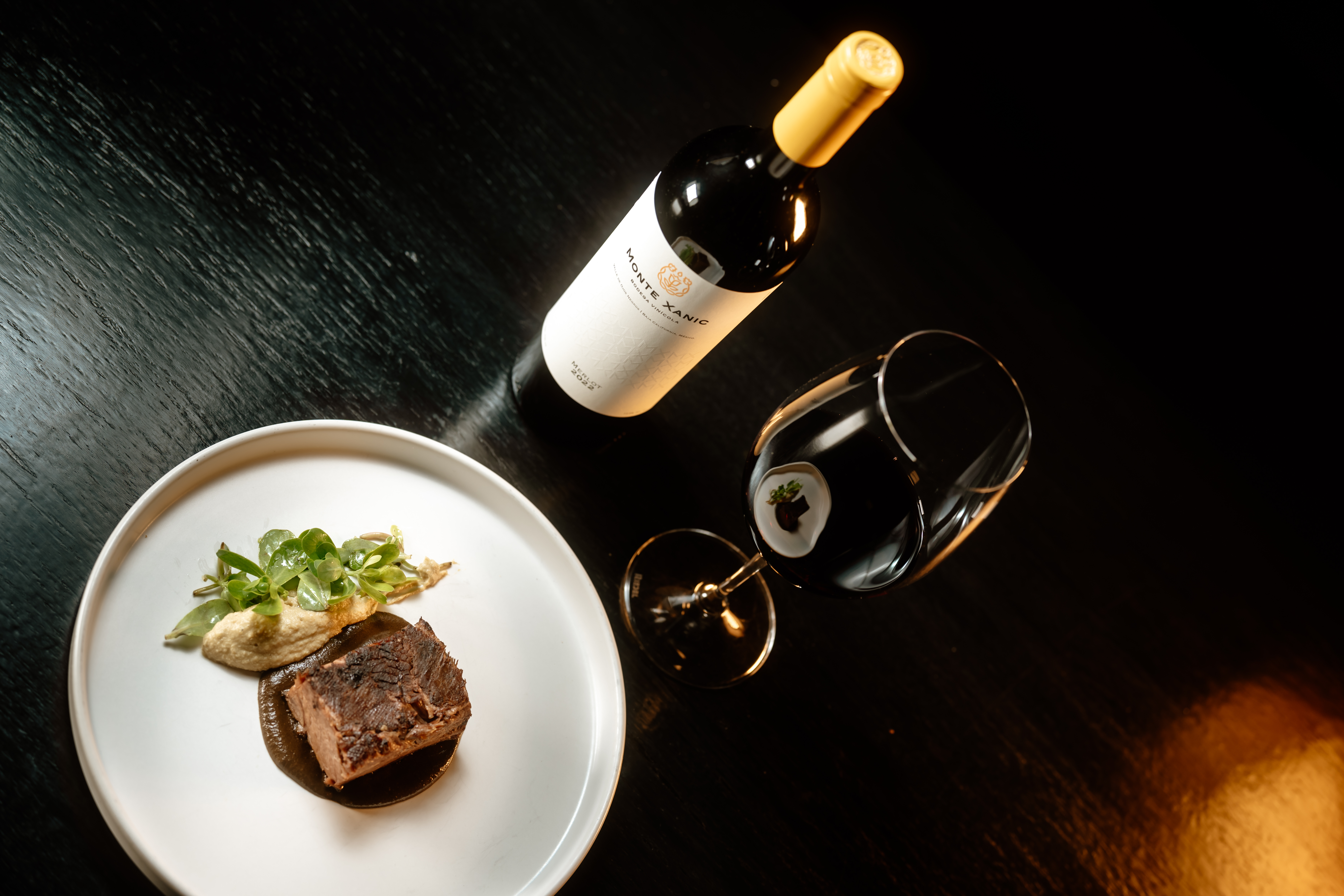 Gourmet braised meat, Monte Xanic red wine bottle, and glass.