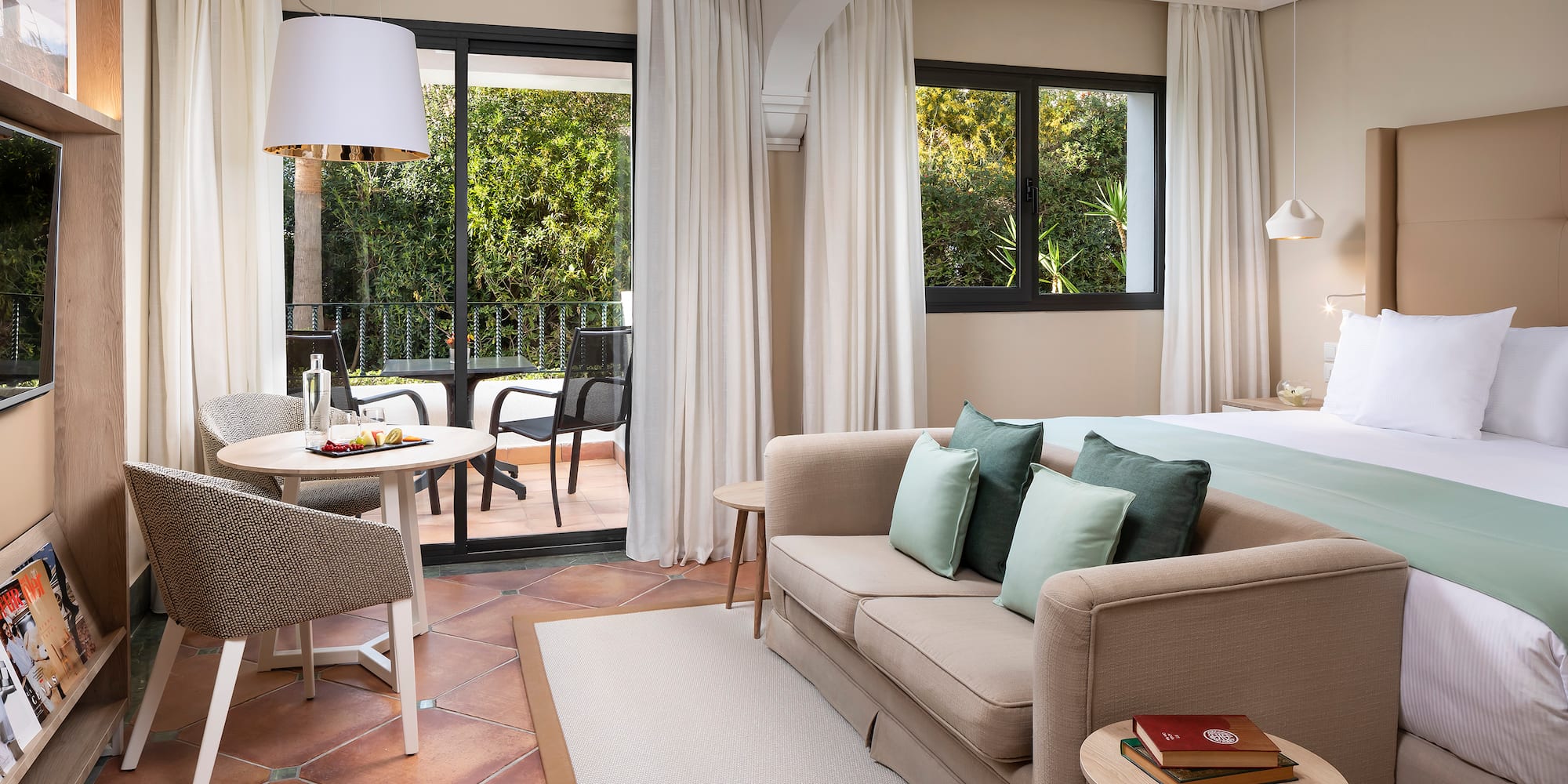 a room with a bed and a table