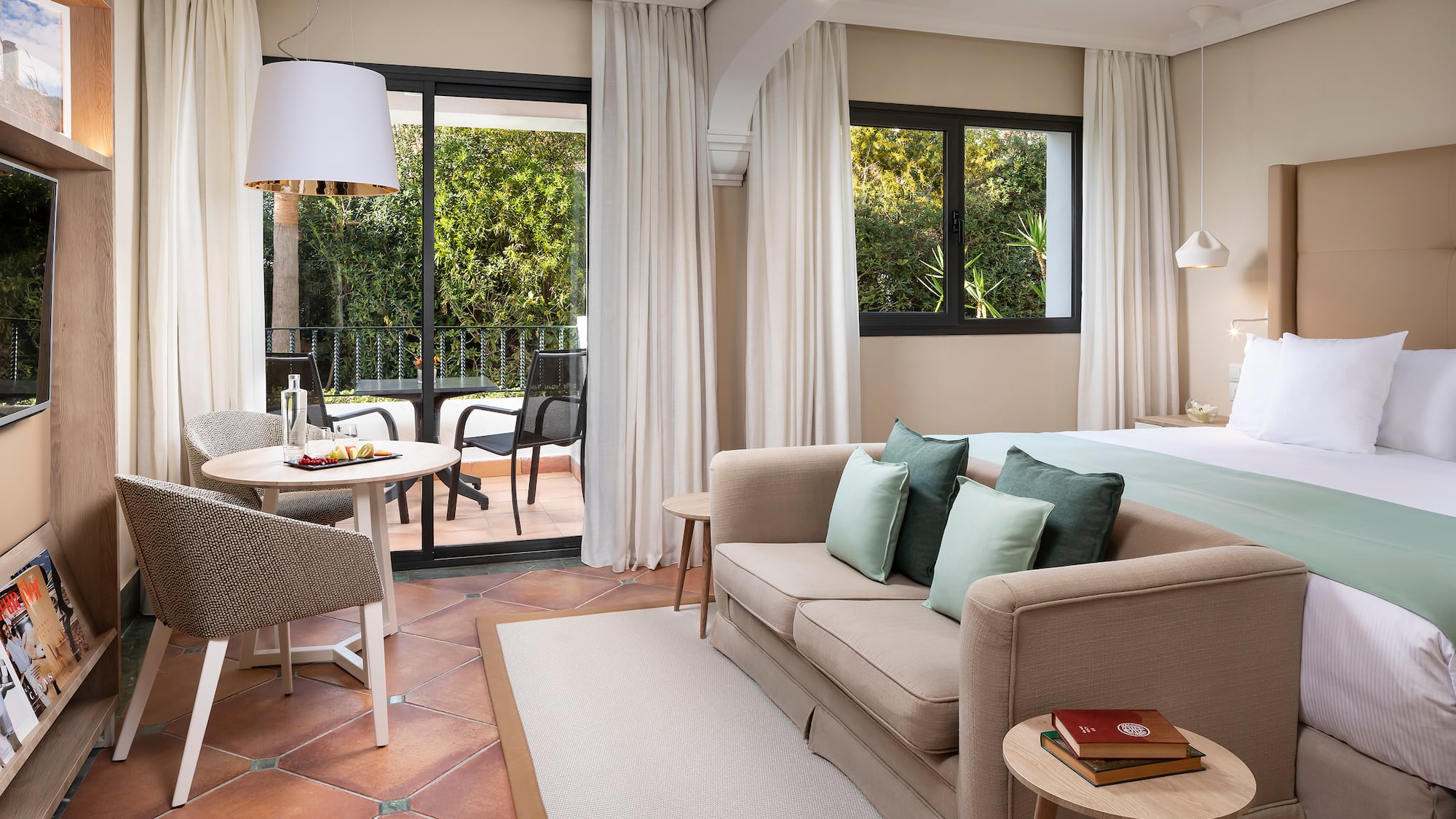 a room with a bed and a table