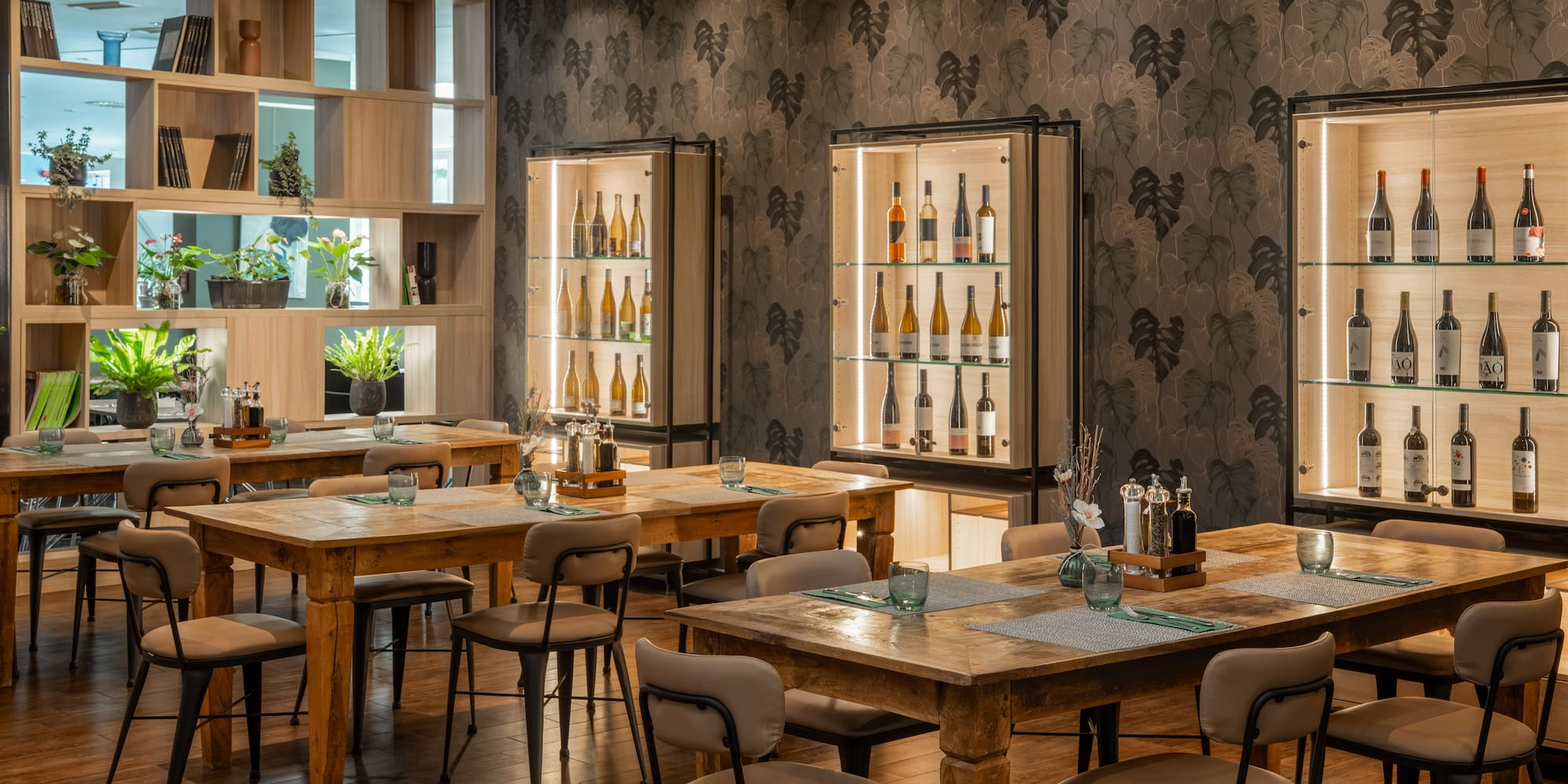 a room with tables and chairs