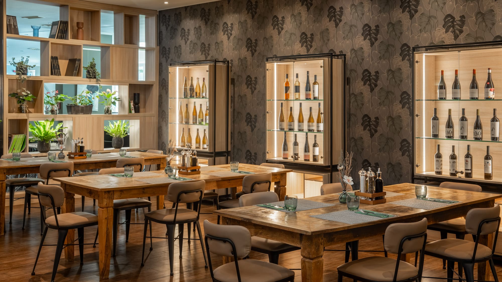 a room with tables and chairs