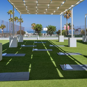 yoga mats on a green field