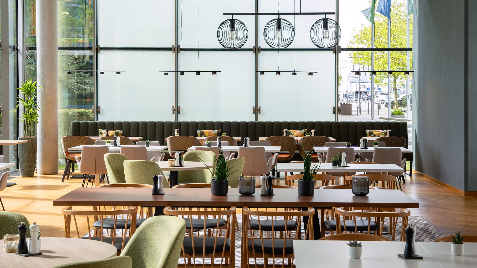 a restaurant with tables and chairs