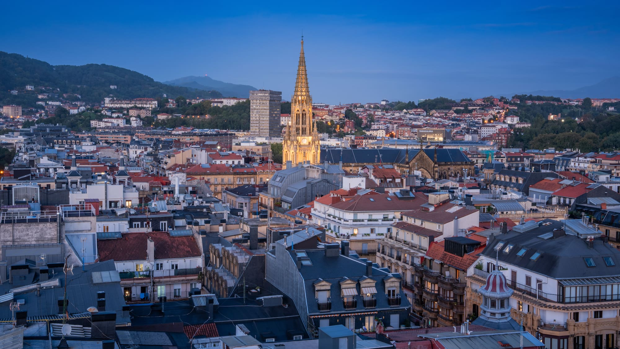 a city with a tall tower