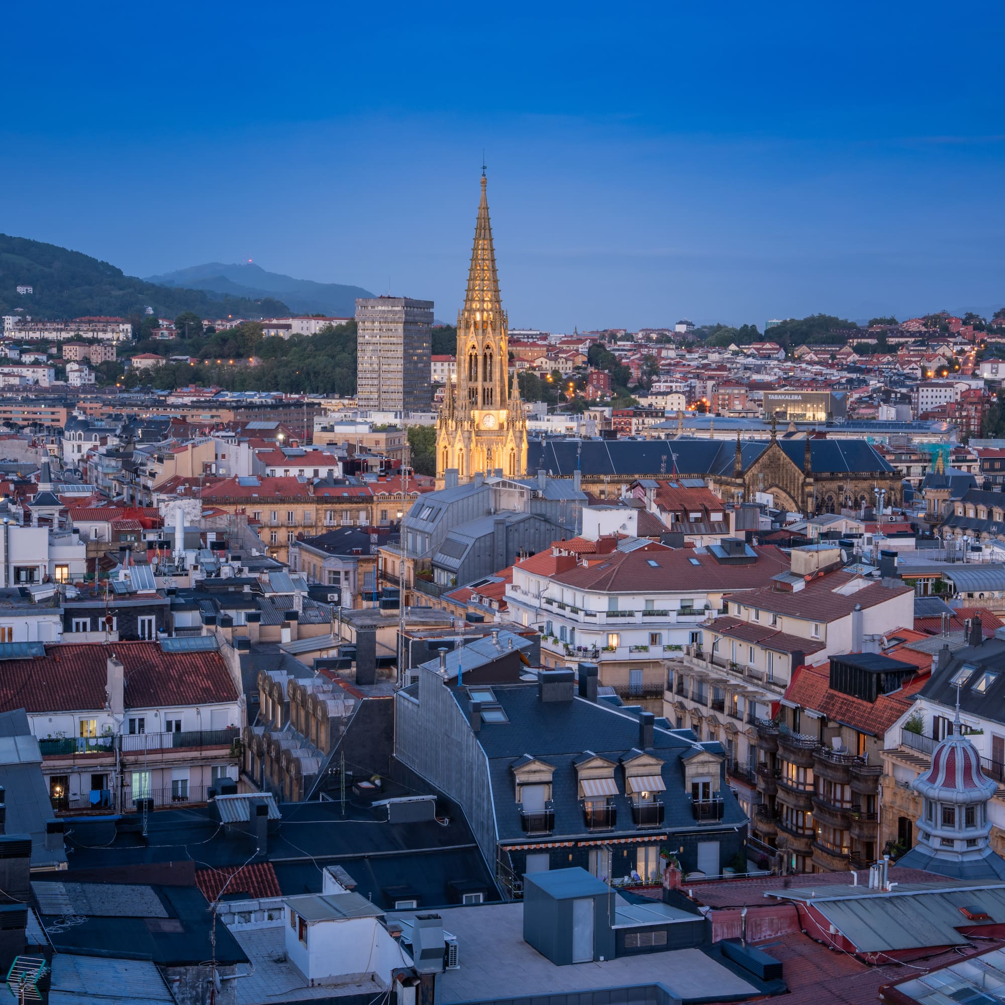 a city with a tall tower