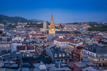 a city with a tall tower