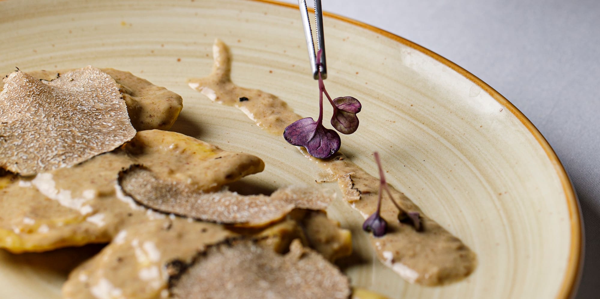 a plate of food with a pair of tweezers
