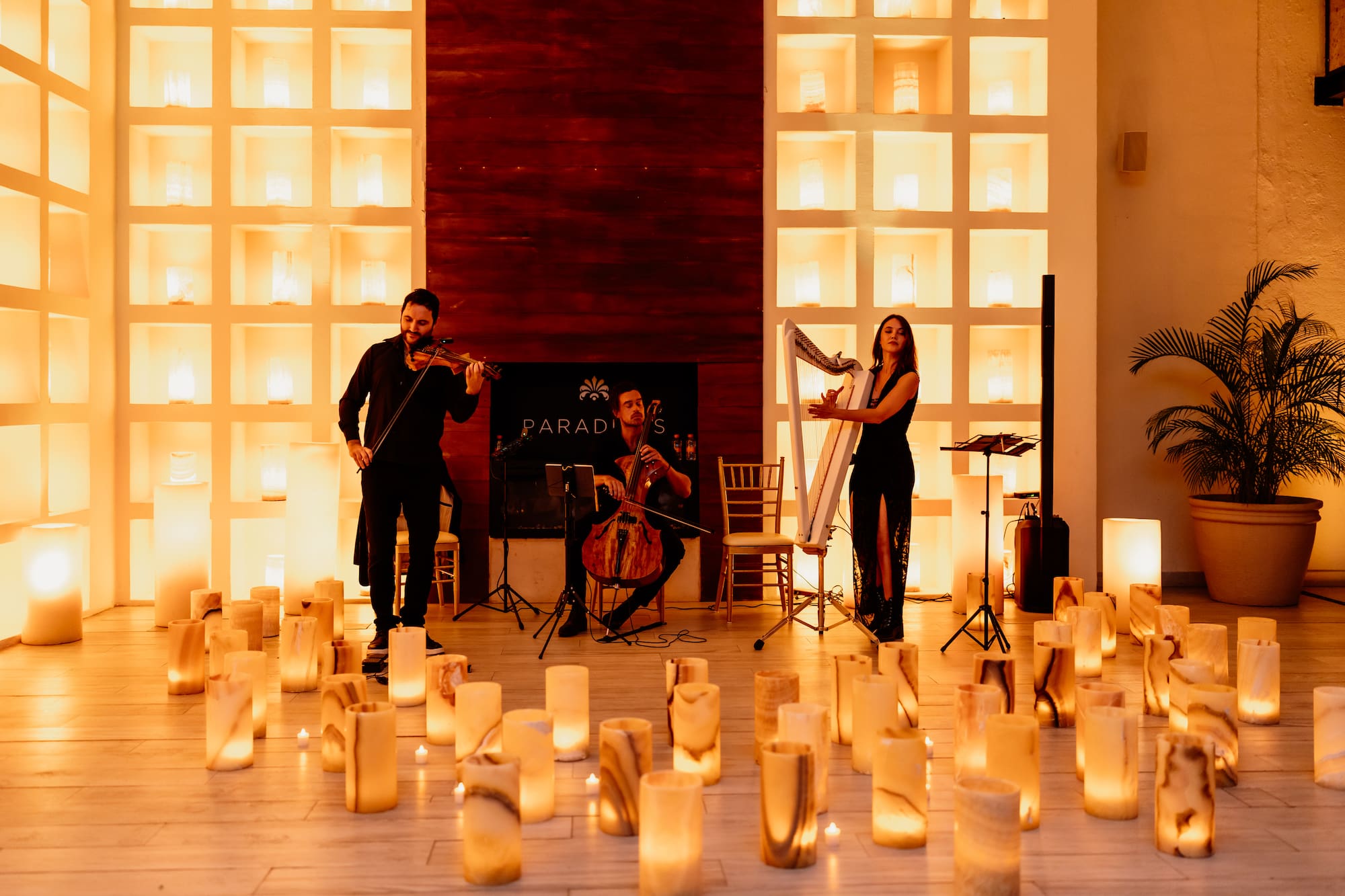 a group of people playing instruments and a group of people on a stage