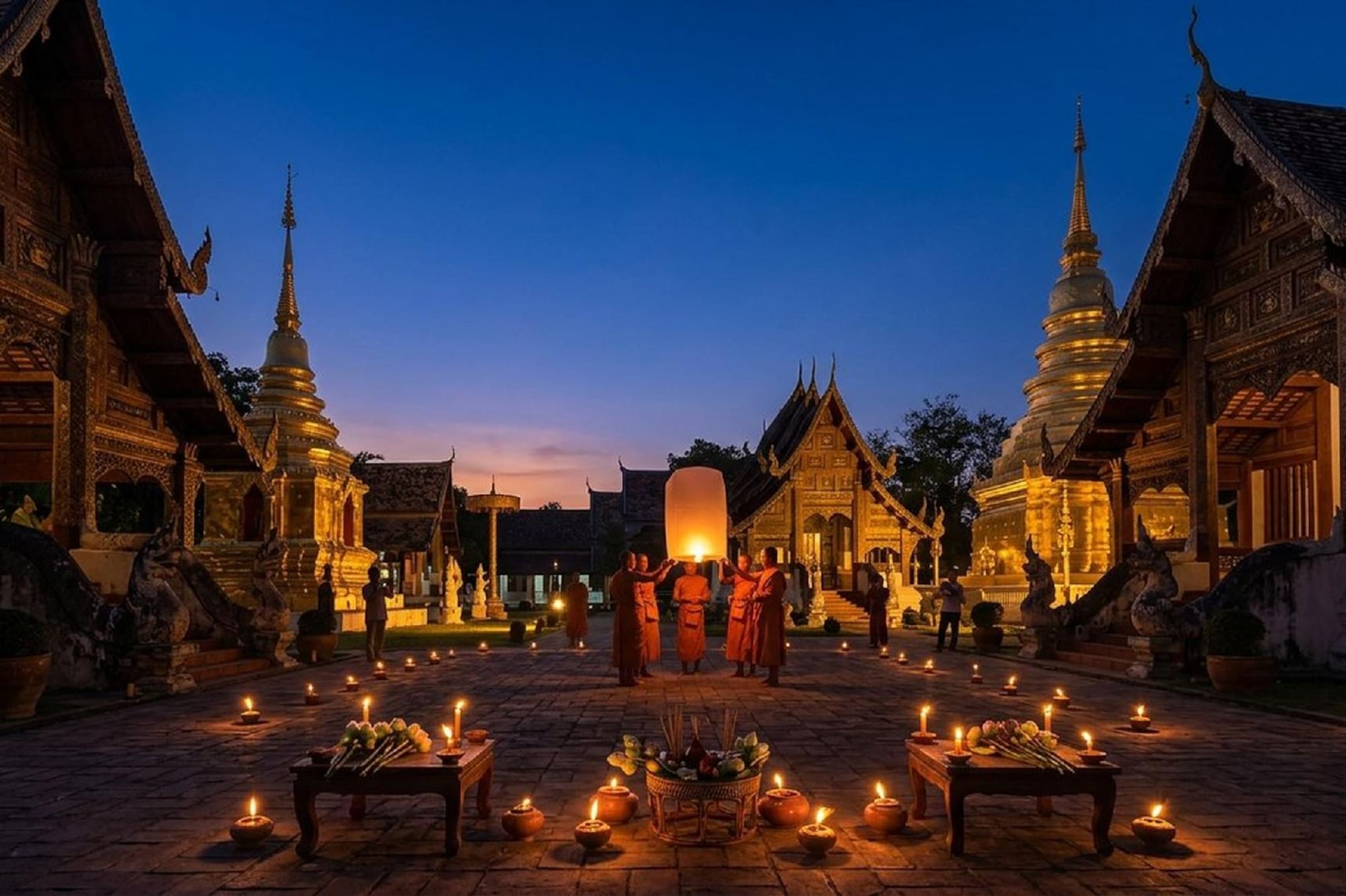 Monks release sky lantern at Thai temple festival with candles at twilight.