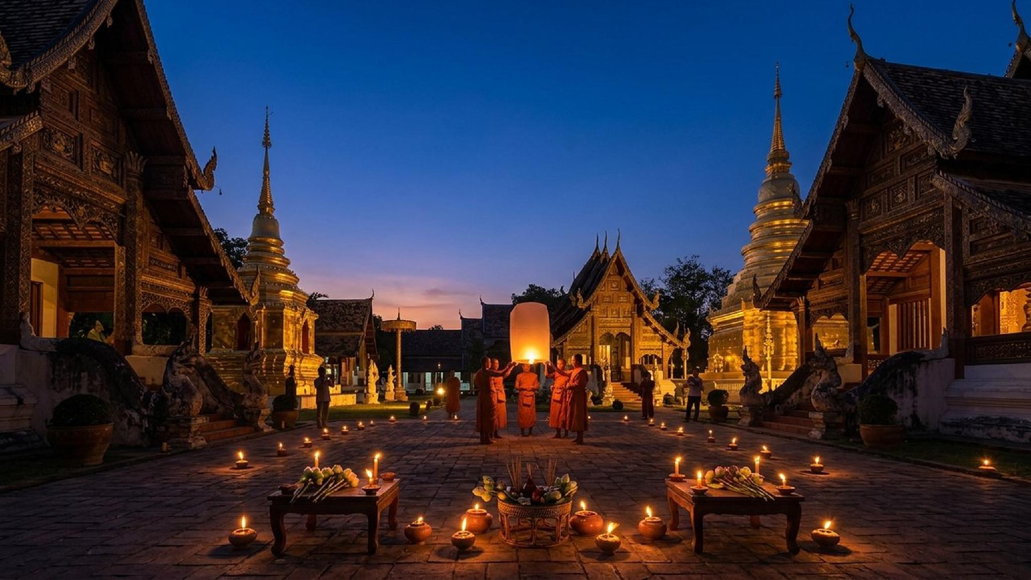 Monks release sky lantern at Thai temple festival with candles at twilight.