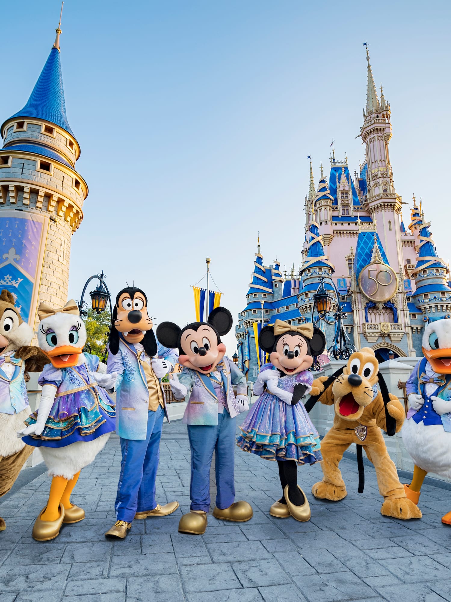 Mickey & friends at Cinderella Castle, Walt Disney World 50th anniversary.