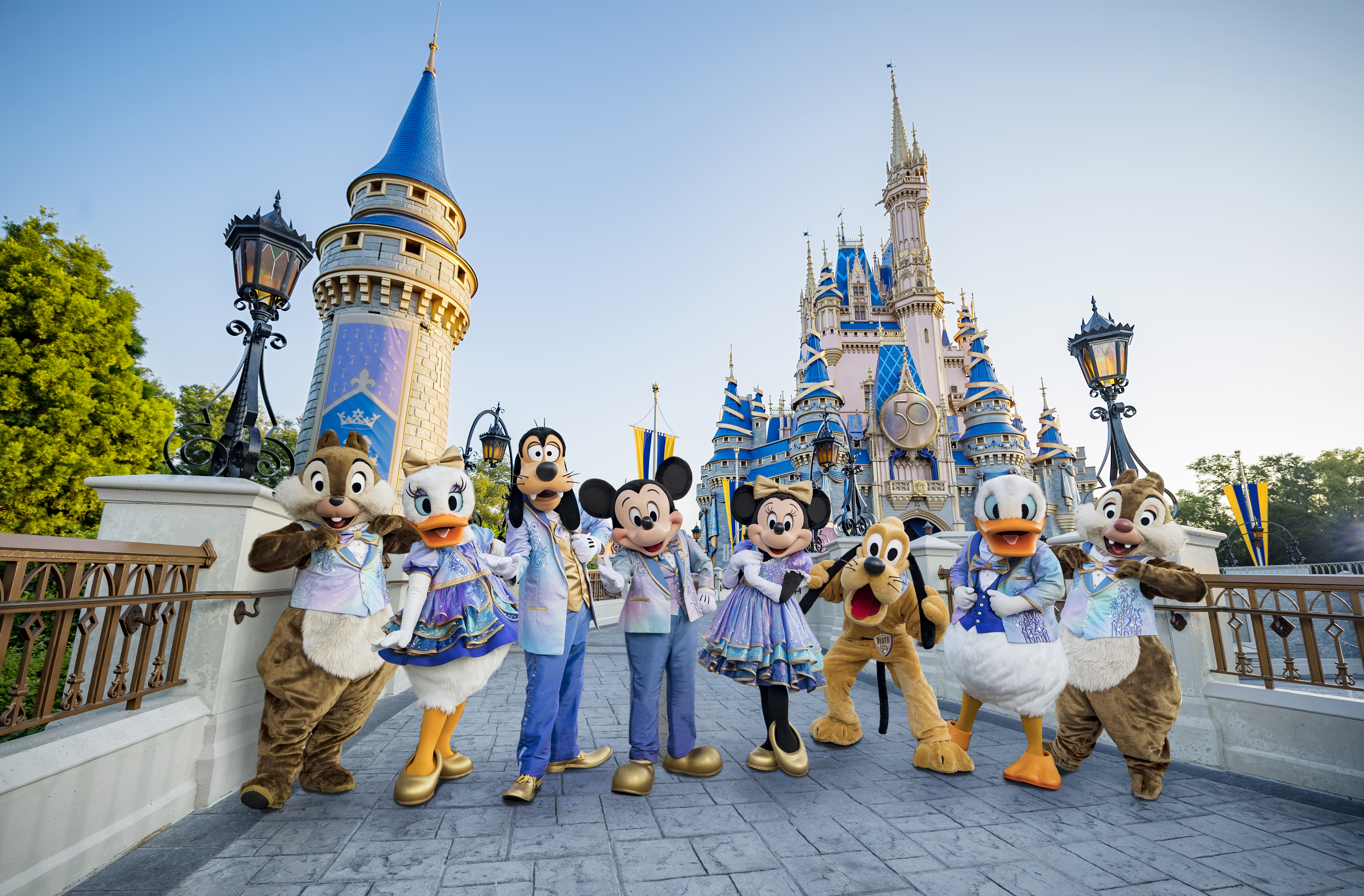 Mickey & friends at Cinderella Castle, Walt Disney World 50th anniversary.