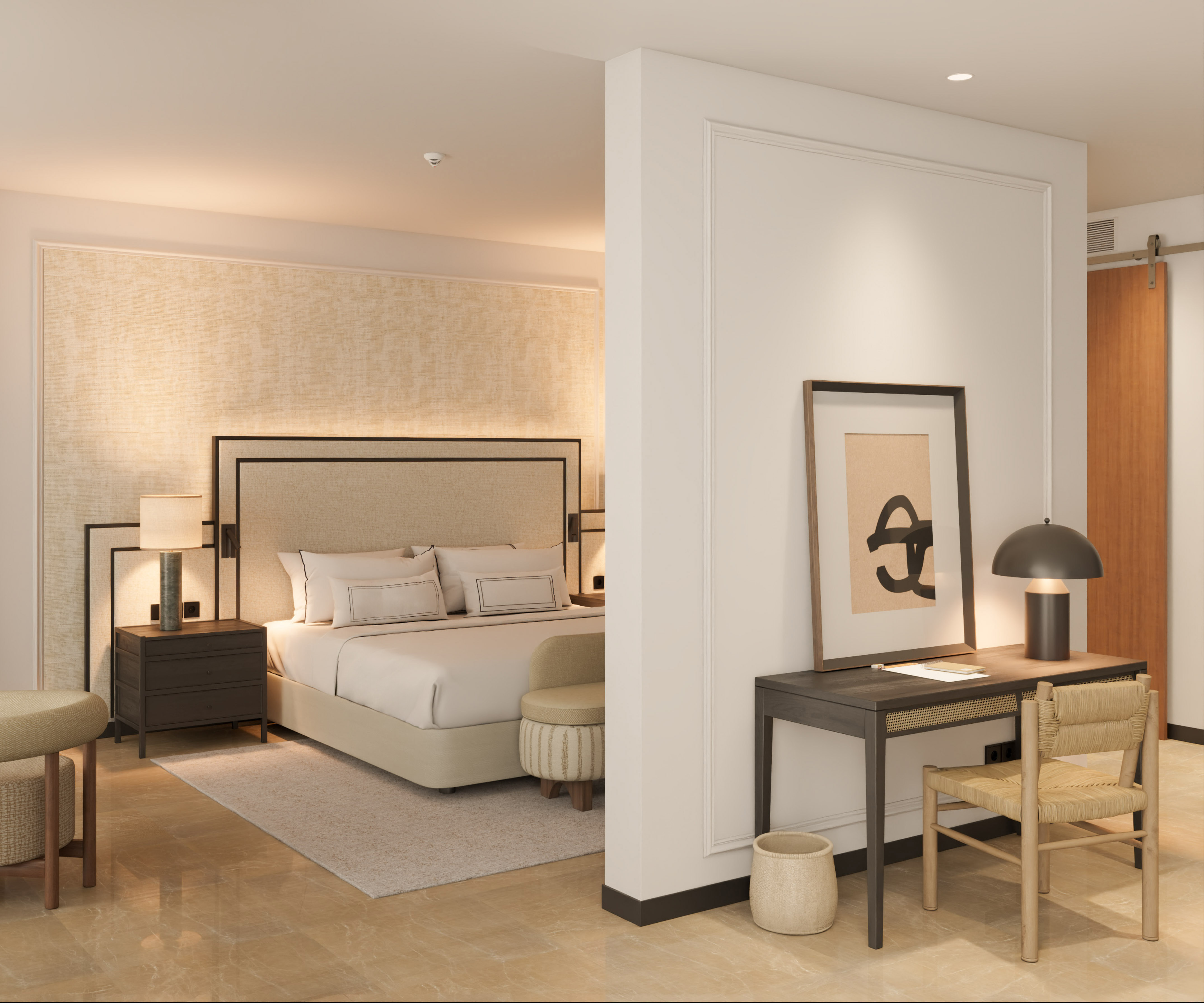 a bedroom with a bed and a desk