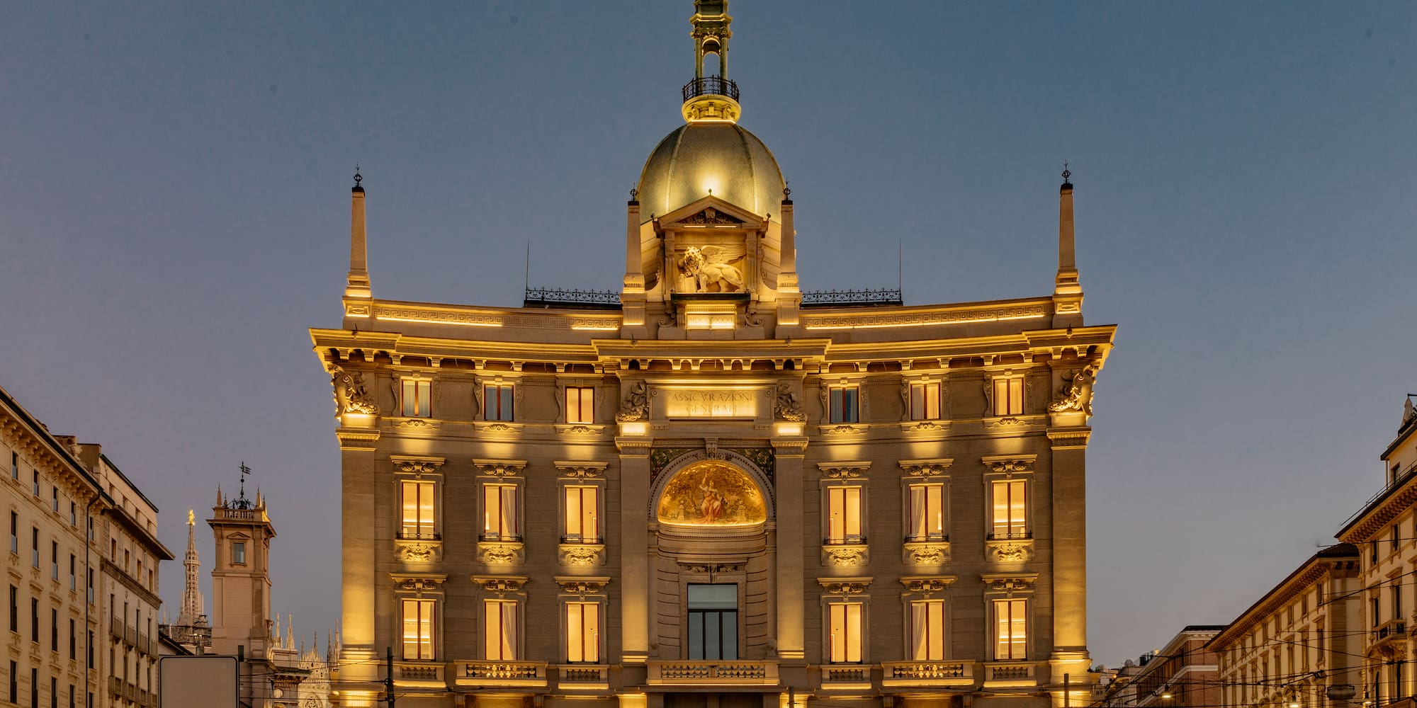 Night lights at the façade from the Palazzo di Cordusio Gran Melia Luxury Hotel