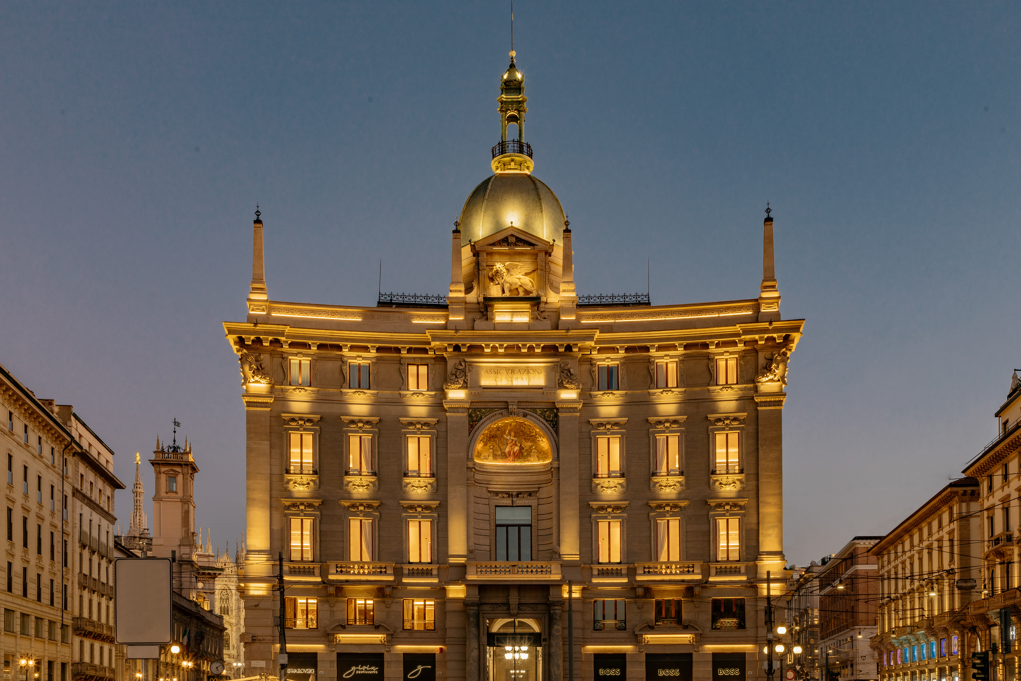 Night lights at the façade from the Palazzo di Cordusio Gran Melia Luxury Hotel
