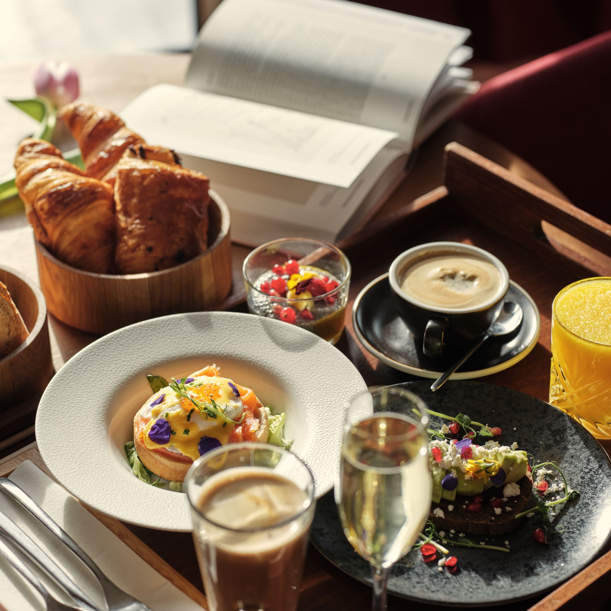 a tray of food and drinks