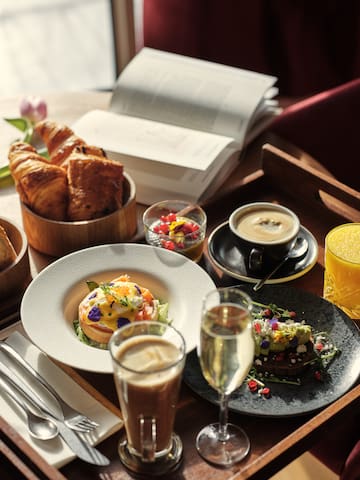 a tray of food and drinks