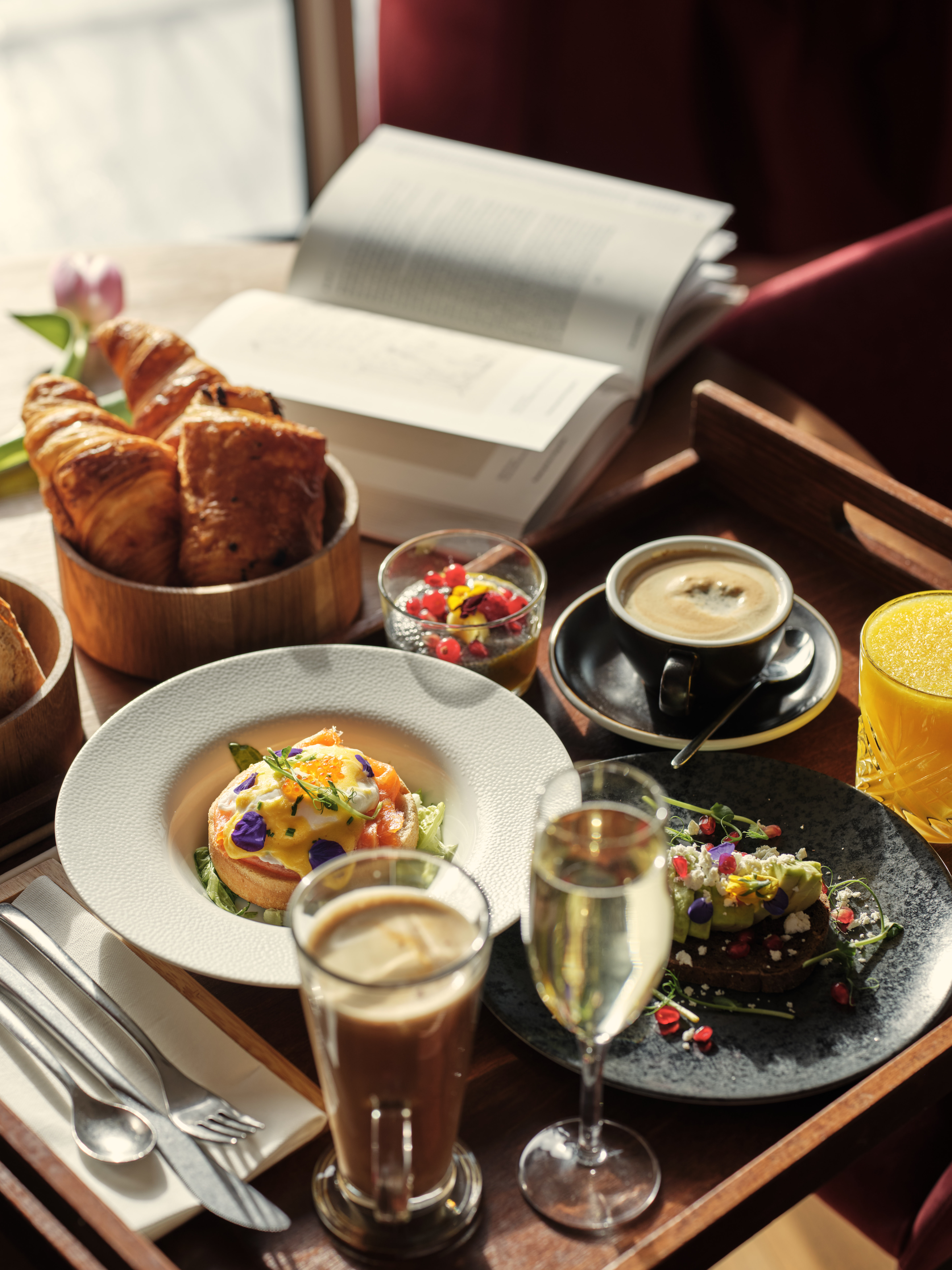 a tray of food and drinks
