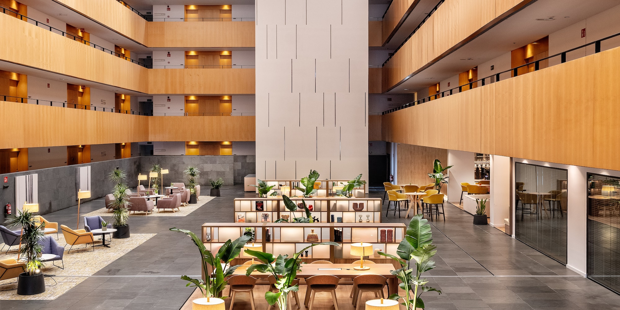 a large room with tables and chairs