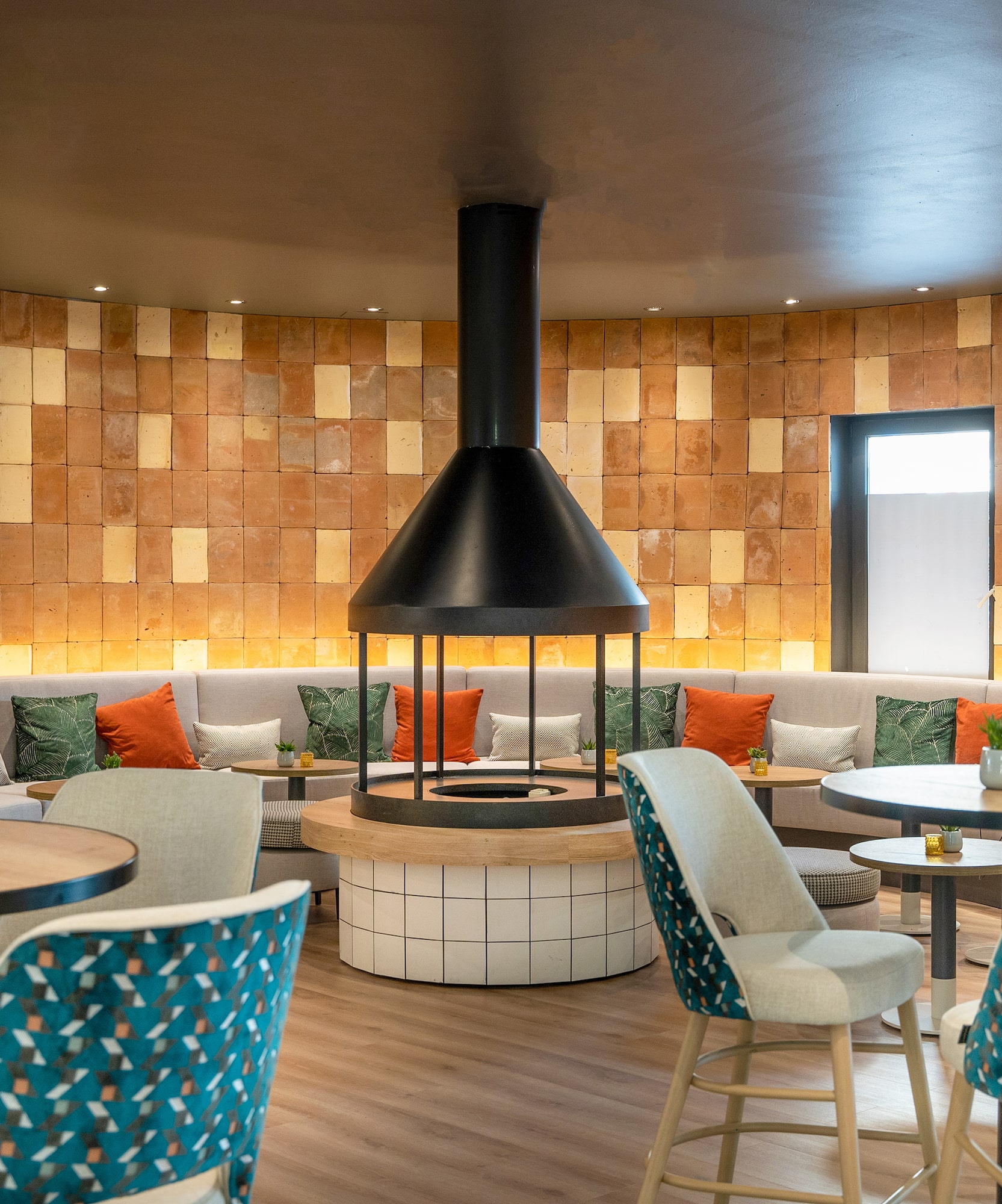 a room with tables and chairs