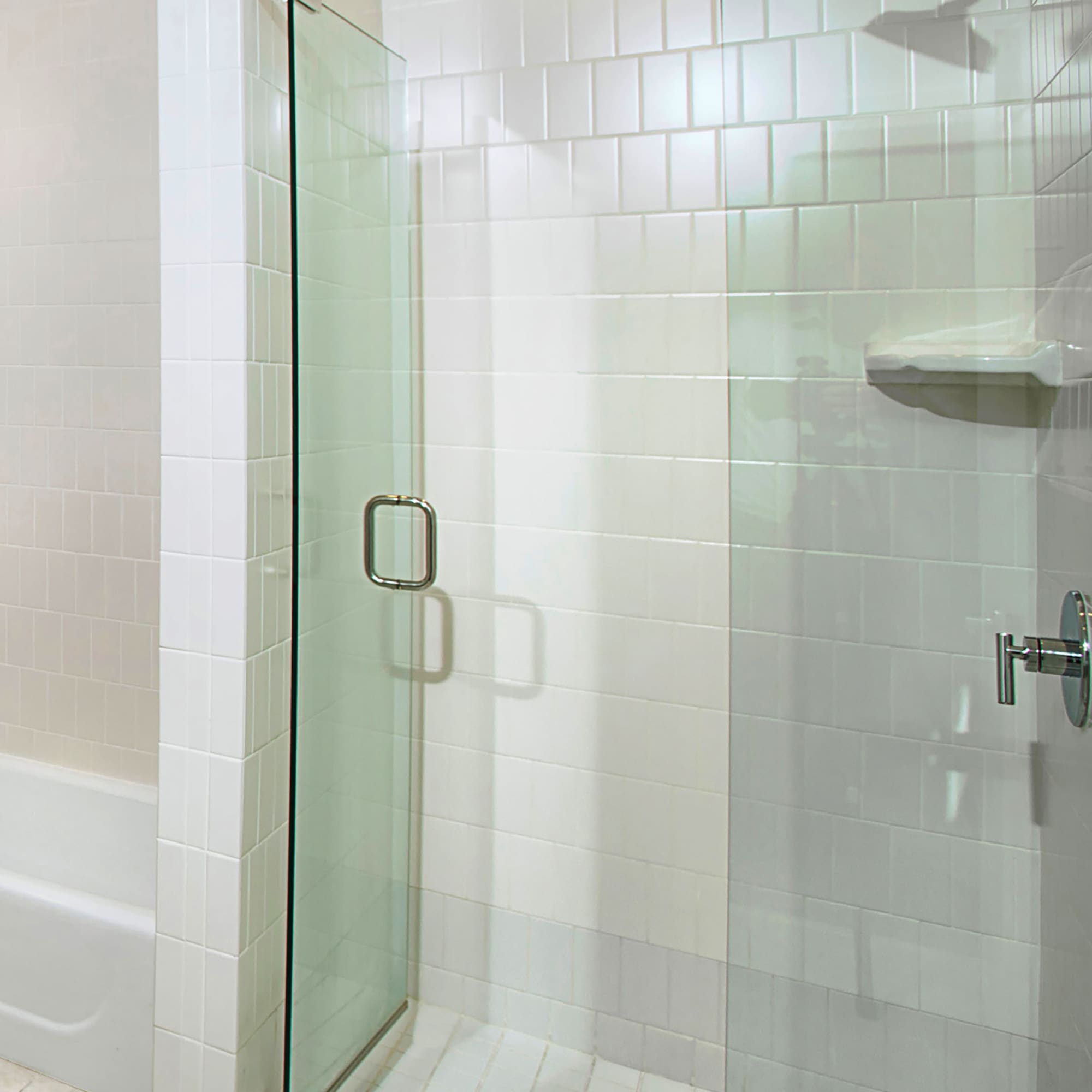 a glass shower door in a bathroom