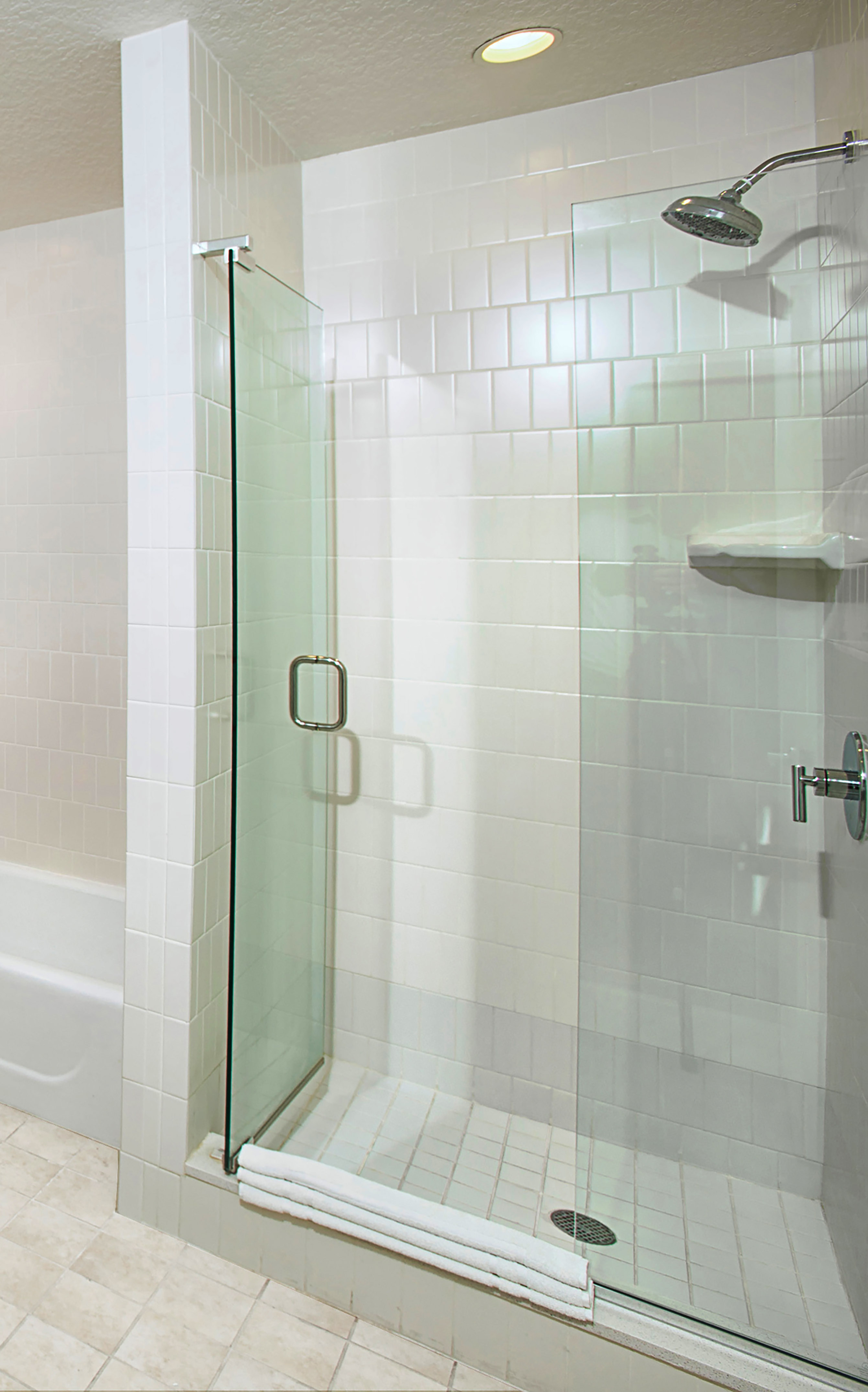 Modern glass shower enclosure with white tiled walls and a partially visible tub.