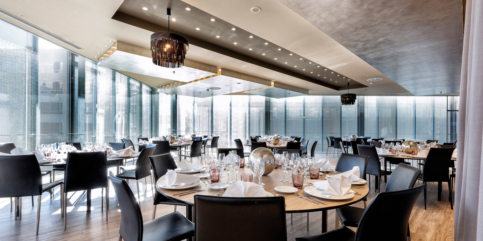 a room with tables and chairs