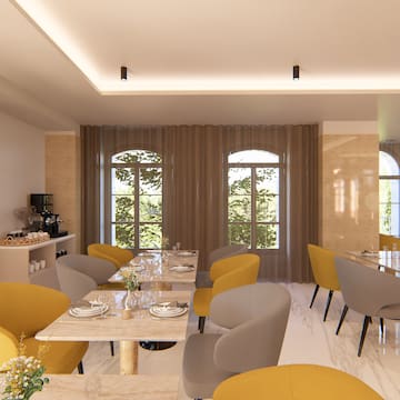 a room with tables and chairs