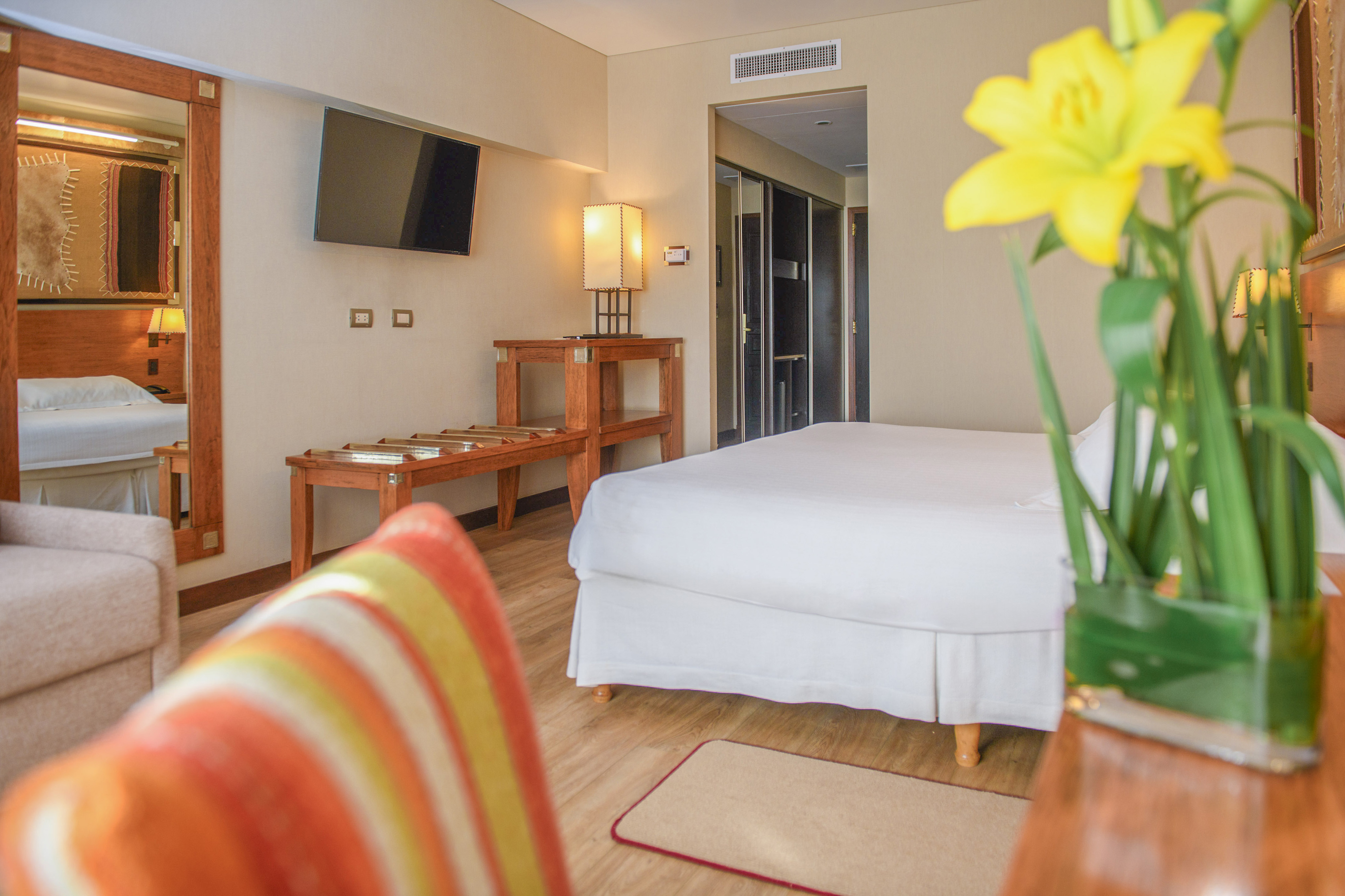 a room with a bed and a table and a television