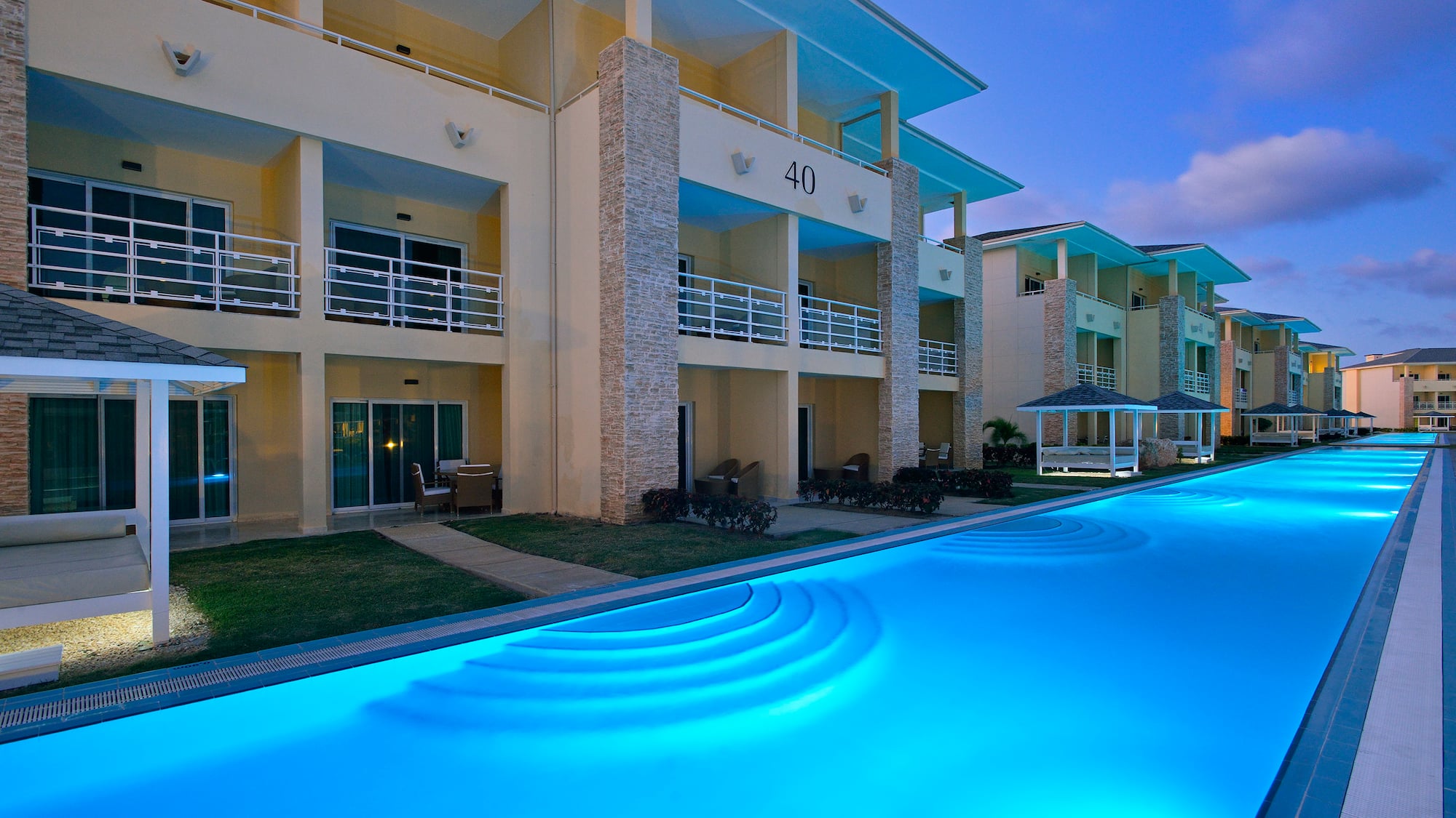 a pool of water next to a building