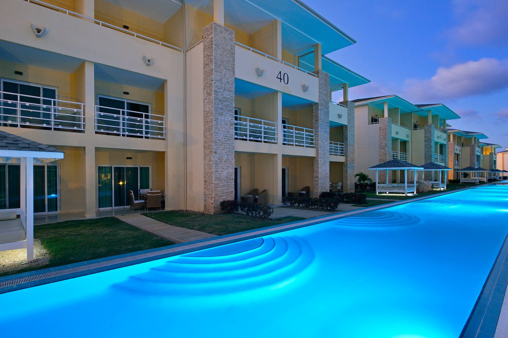 a pool of water next to a building