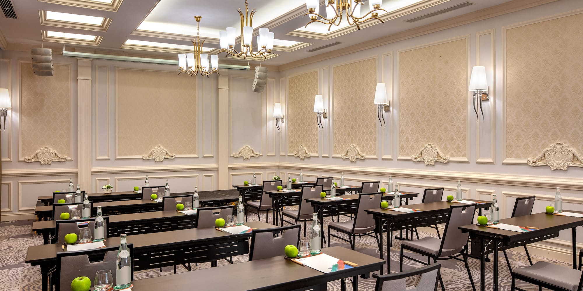 a room with tables and chairs