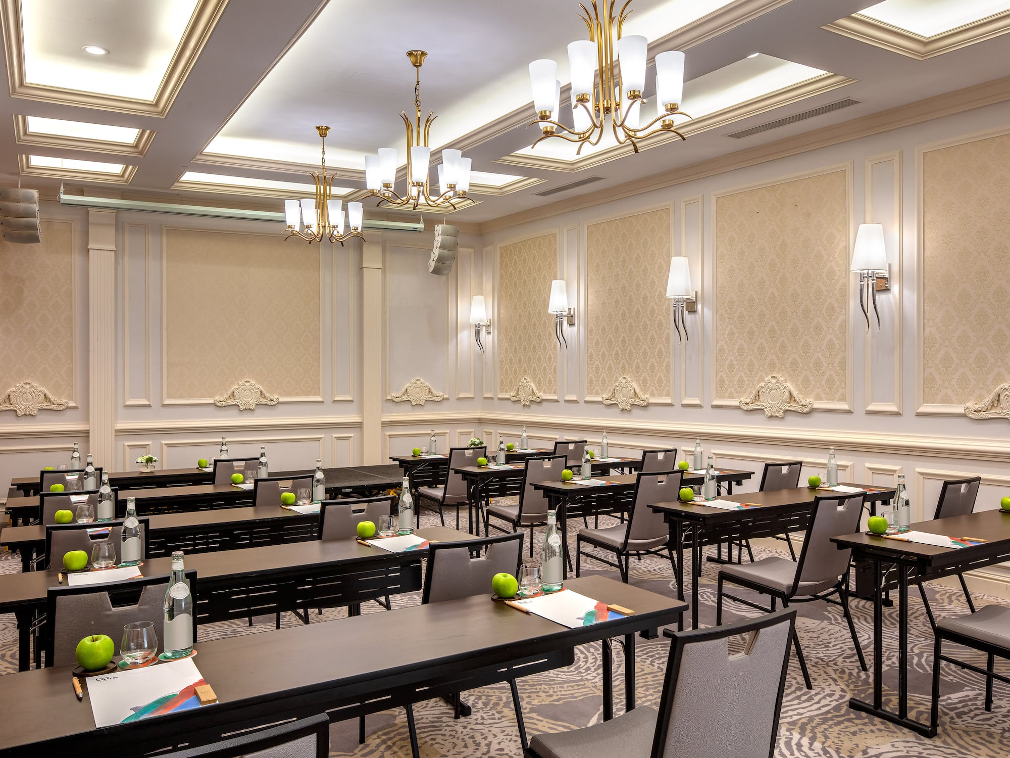 a room with tables and chairs