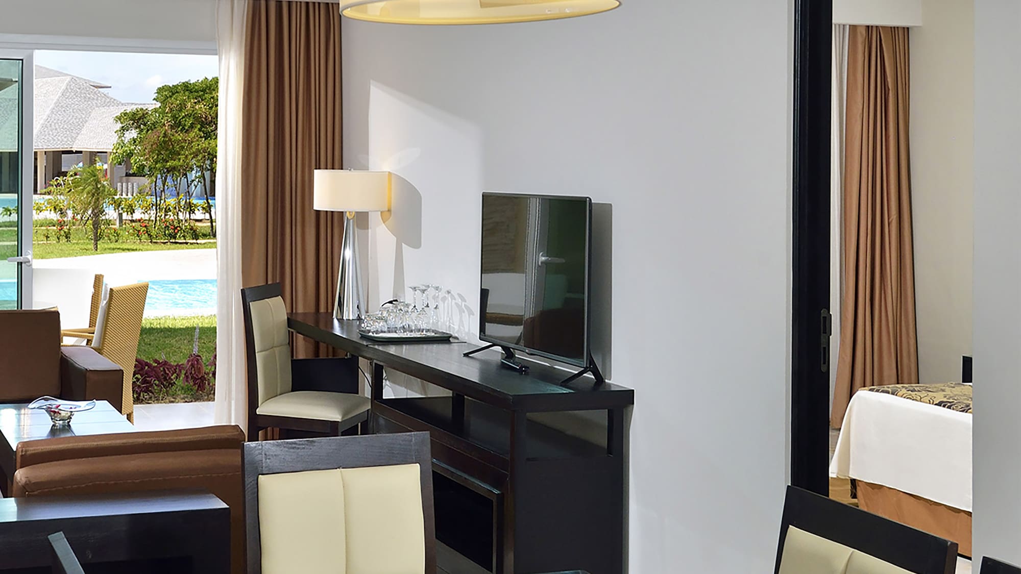 a room with a table and chairs