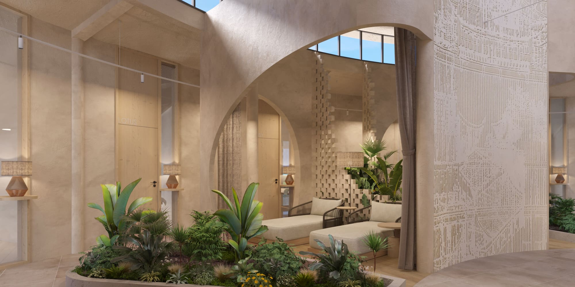 Serene wellness lounge with lush plants, arched design, and natural skylight.