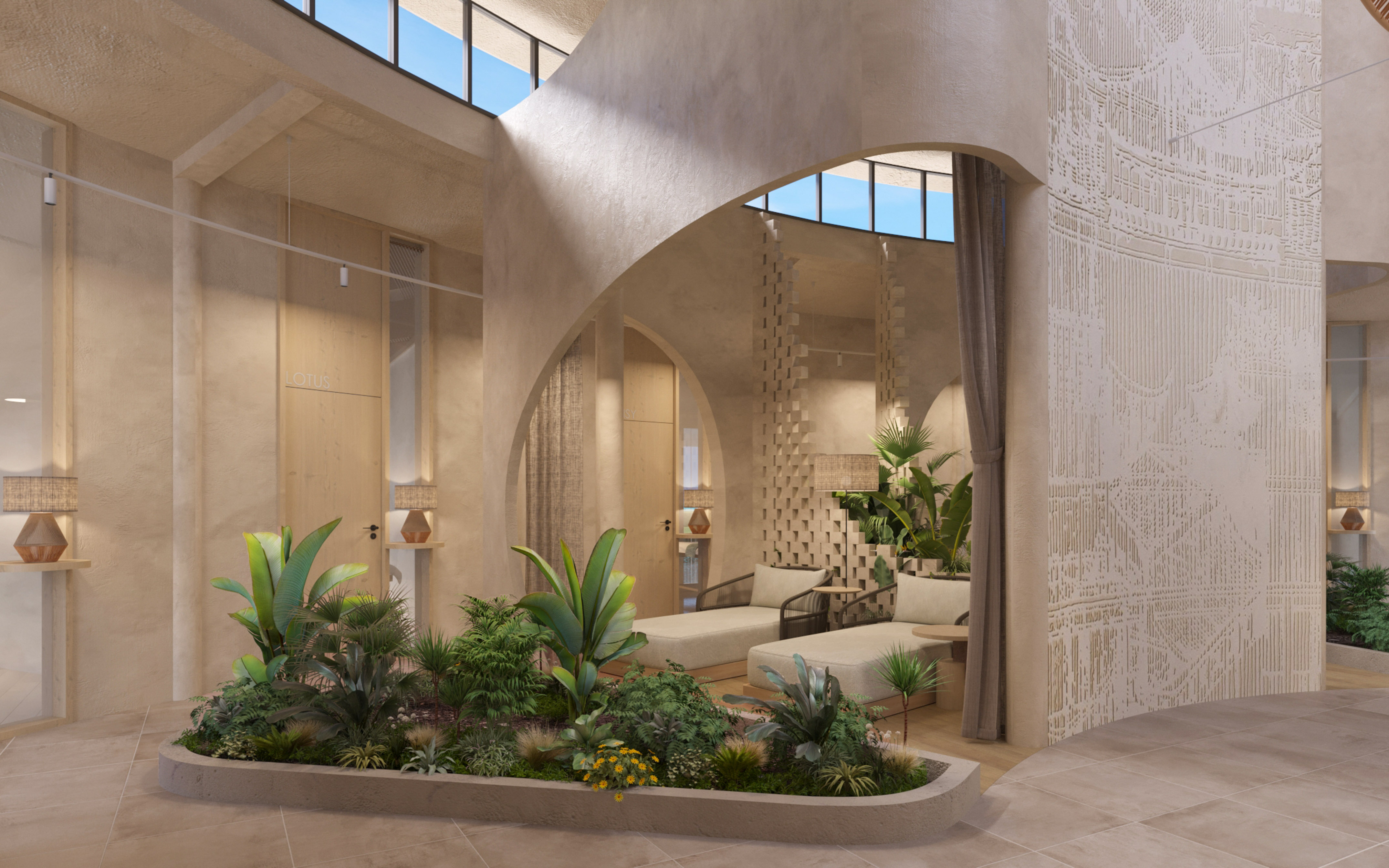 Serene wellness lounge with lush plants, arched design, and natural skylight.