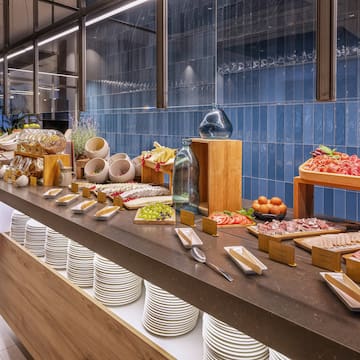 a buffet table with food on it