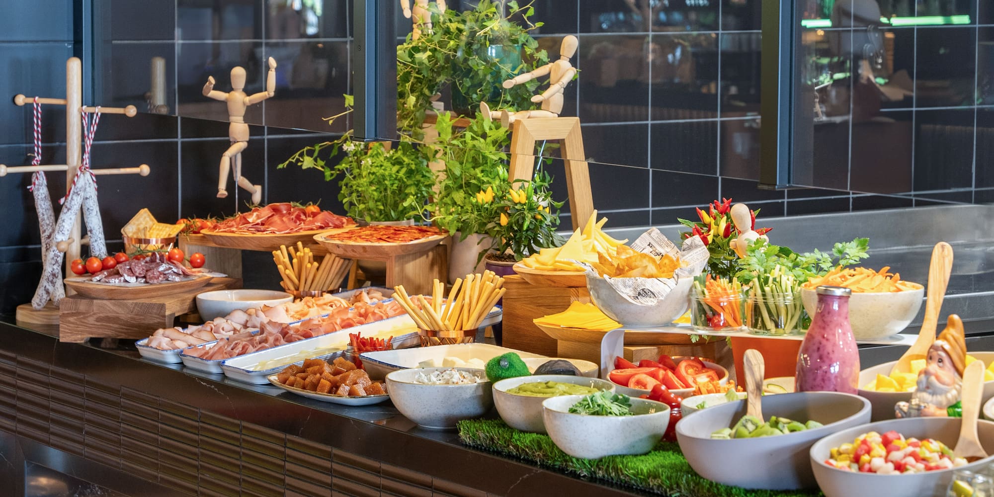 a buffet table with food on it