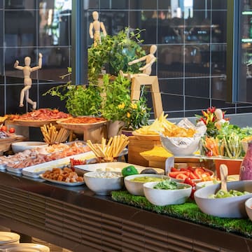 a buffet table with food on it