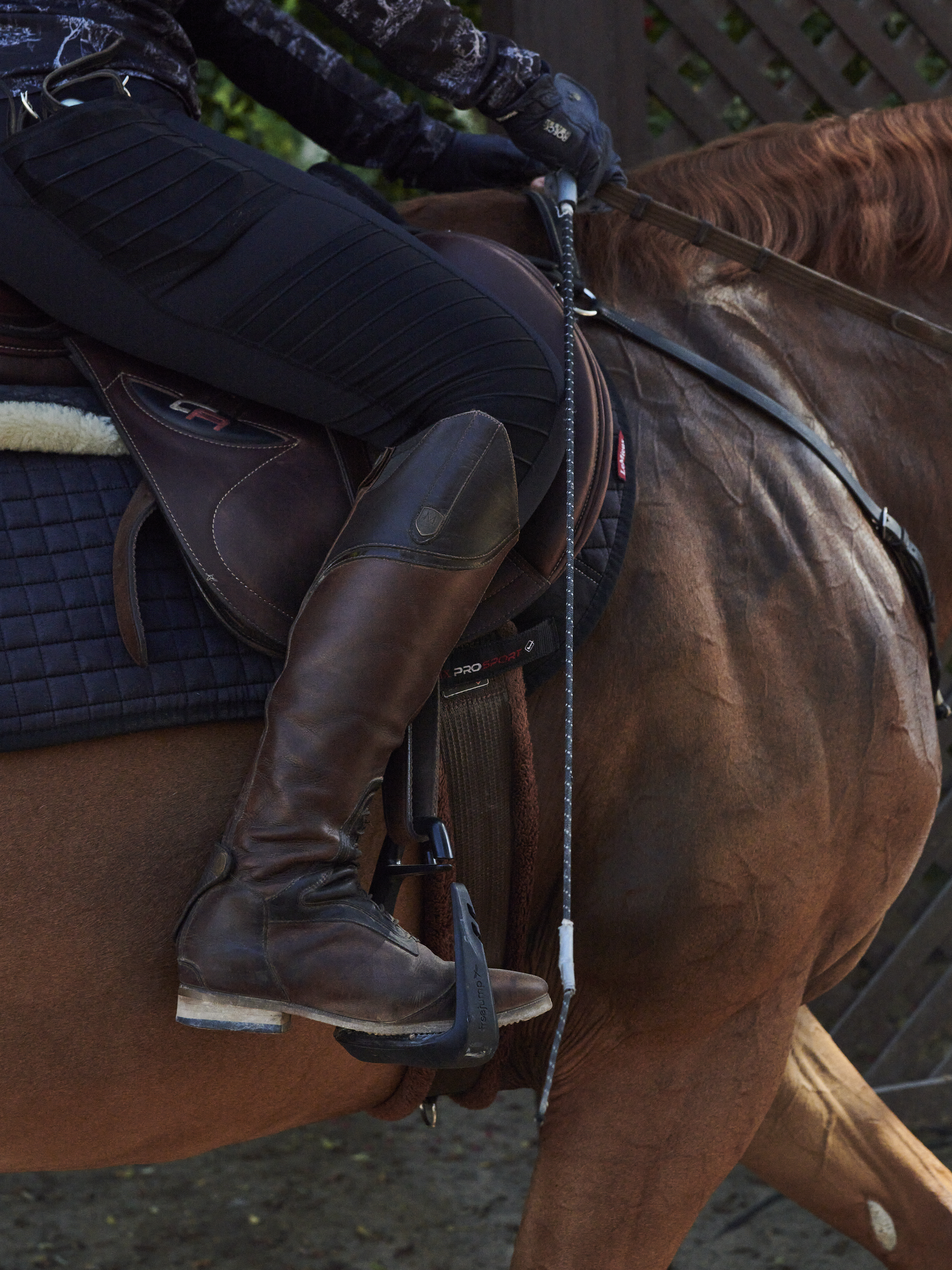 Rider's brown boot in Freejump stirrup, breeches, saddle on chestnut horse.